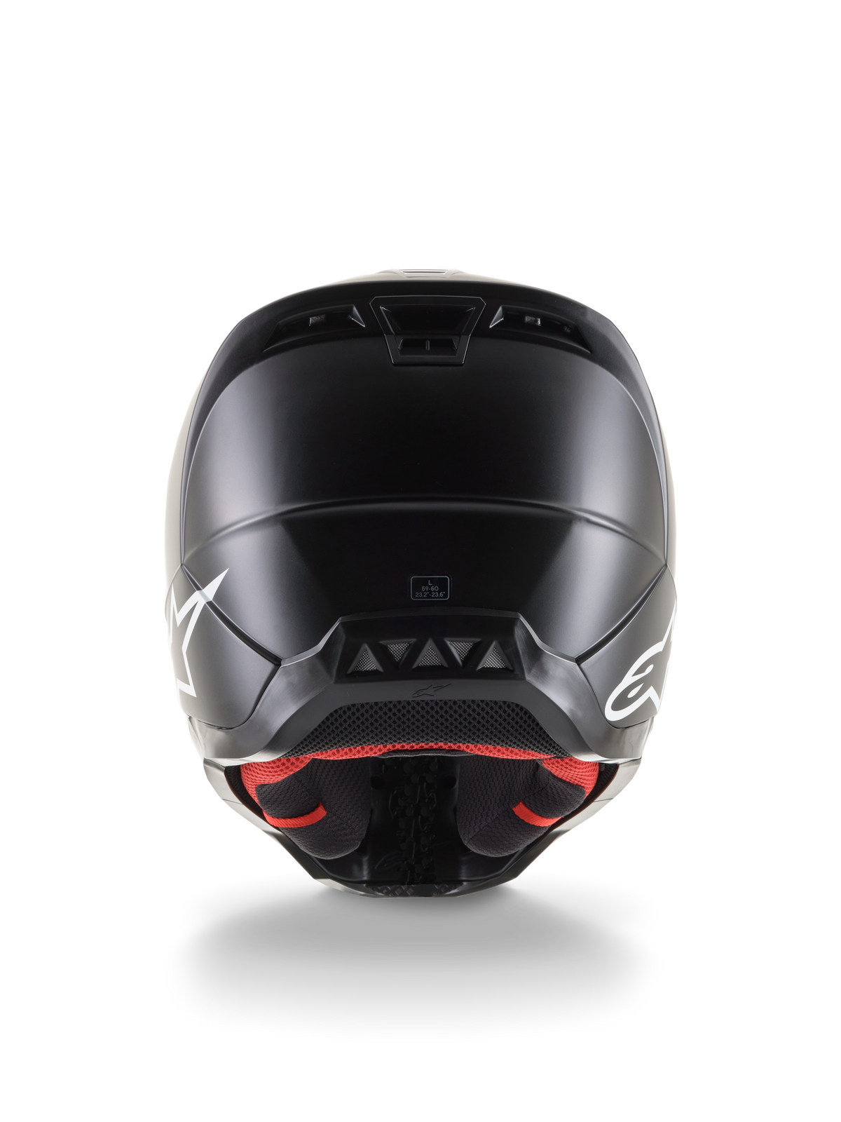 Achteraanzicht van de Alpinestars S-M5 Solid helm ECE 22.06, motorcrosshelm, matzwarte afwerking, met witte Alpinestars-logo's aan de zijkanten, rode binnenvoering en aerodynamische schaal met ventilatieopeningen.