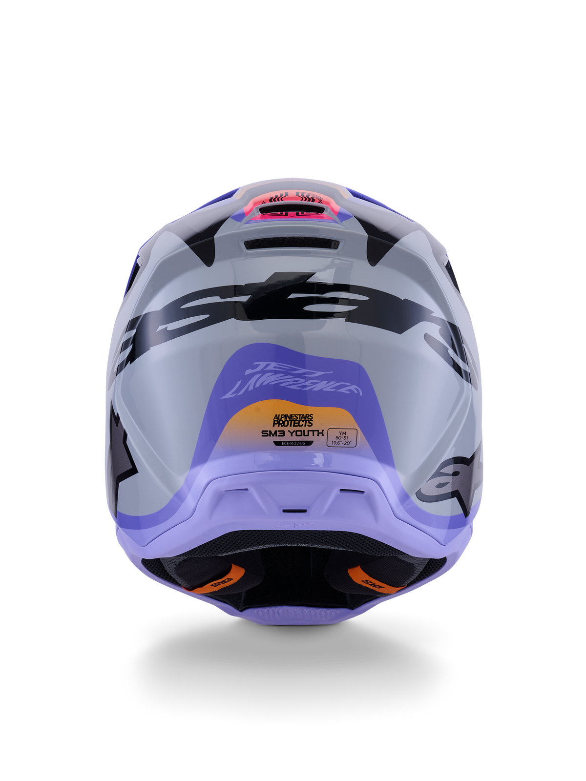 Alpinestars S-M3 Jettson jeugdhelm, achteraanzicht, grijs met paarse en zwarte glanzende graphics, voorzien van Jett Lawrence signature-ontwerp en Alpinestars-logo's, off-road motorcrosshelm