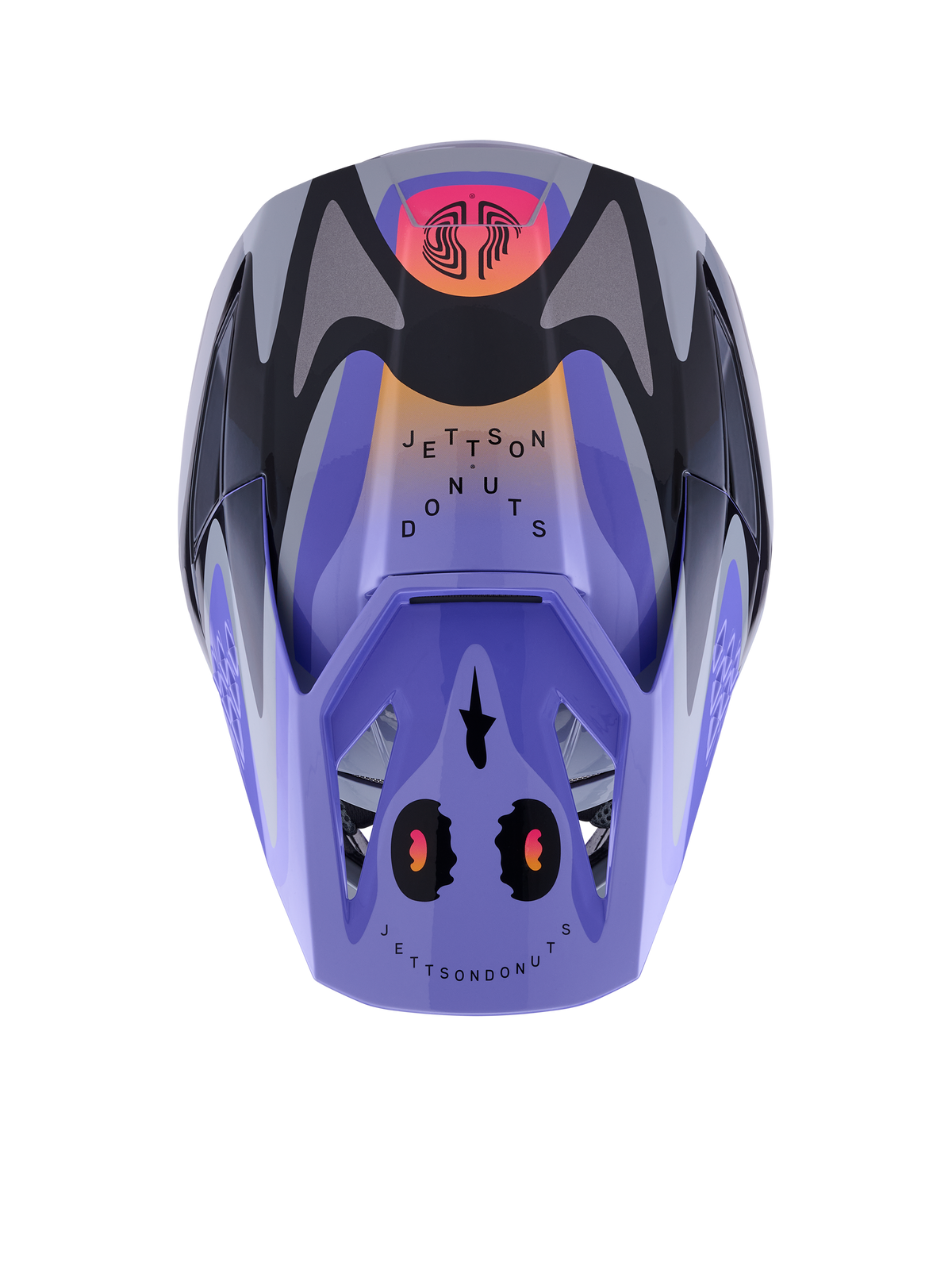 Alpinestars S-M3 Jettson helm, motorcrosshelm, grijs paars zwart glanzend met oranje en roze kleurverlopen, bovenaanzicht met 'Jettson Donuts' graphics en Alpinestars-logo op de klep, glanzende afwerking
