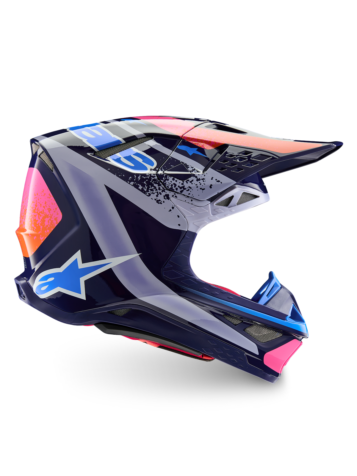 Alpinestars Limited Edition Supertech M10 Records helm, motorcross helm, Multicolor Glossy, met een donkerblauwe basis en levendige roze, oranje en lichtblauwe Records graphics, zijprofiel met de aerodynamische schaal, het vizier en de ventilatieopeningen.