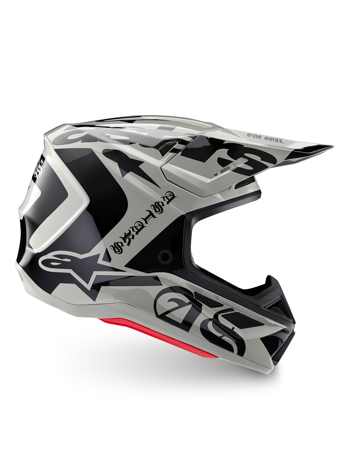 Alpinestars Limited Edition S-M7 Wolf Dust Helm, Dune Black Glossy motorcrosshelm, zijprofiel met opvallende zwarte graphics en branding, rode accenten aan de onderkant, aerodynamische off-road hoofdbescherming