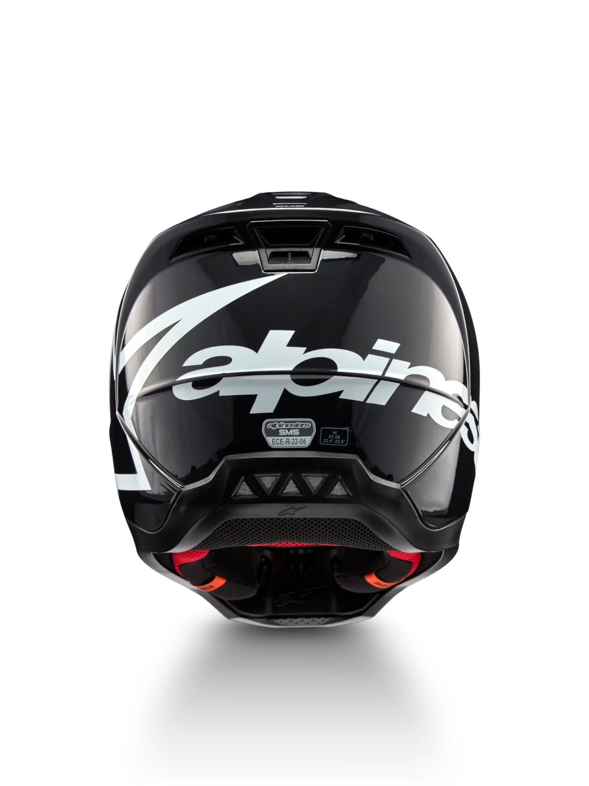 Alpinestars S-M5 Corp helm, motocrosshelm, donkergrijs glanzend en wit, achteraanzicht met groot logo, ECE 22.06-gecertificeerd