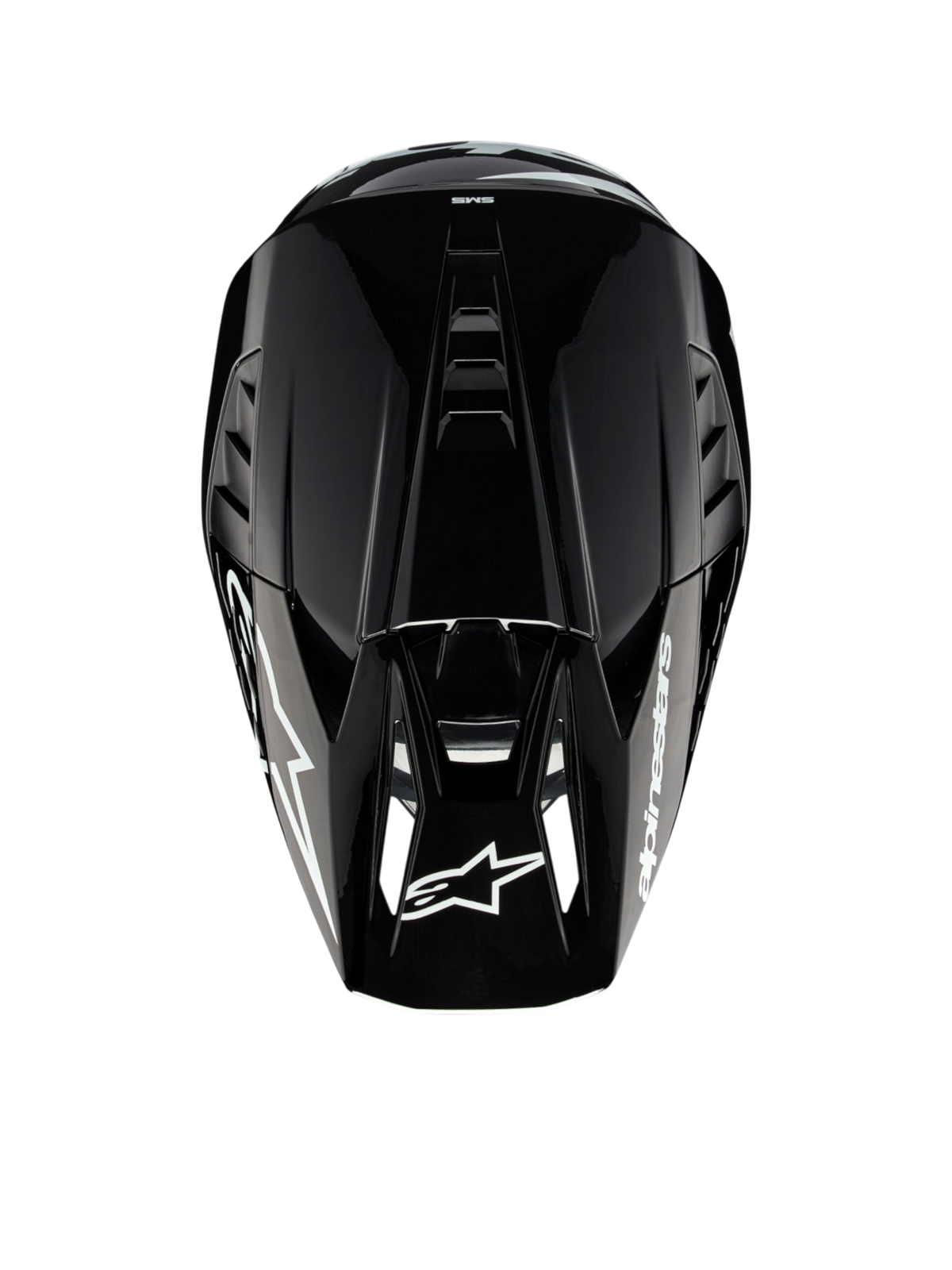 Alpinestars S-M5 Corp motocrosshelm, donkergrijs glanzend, ECE 22.06-gecertificeerd, bovenaanzicht met ventilatie.