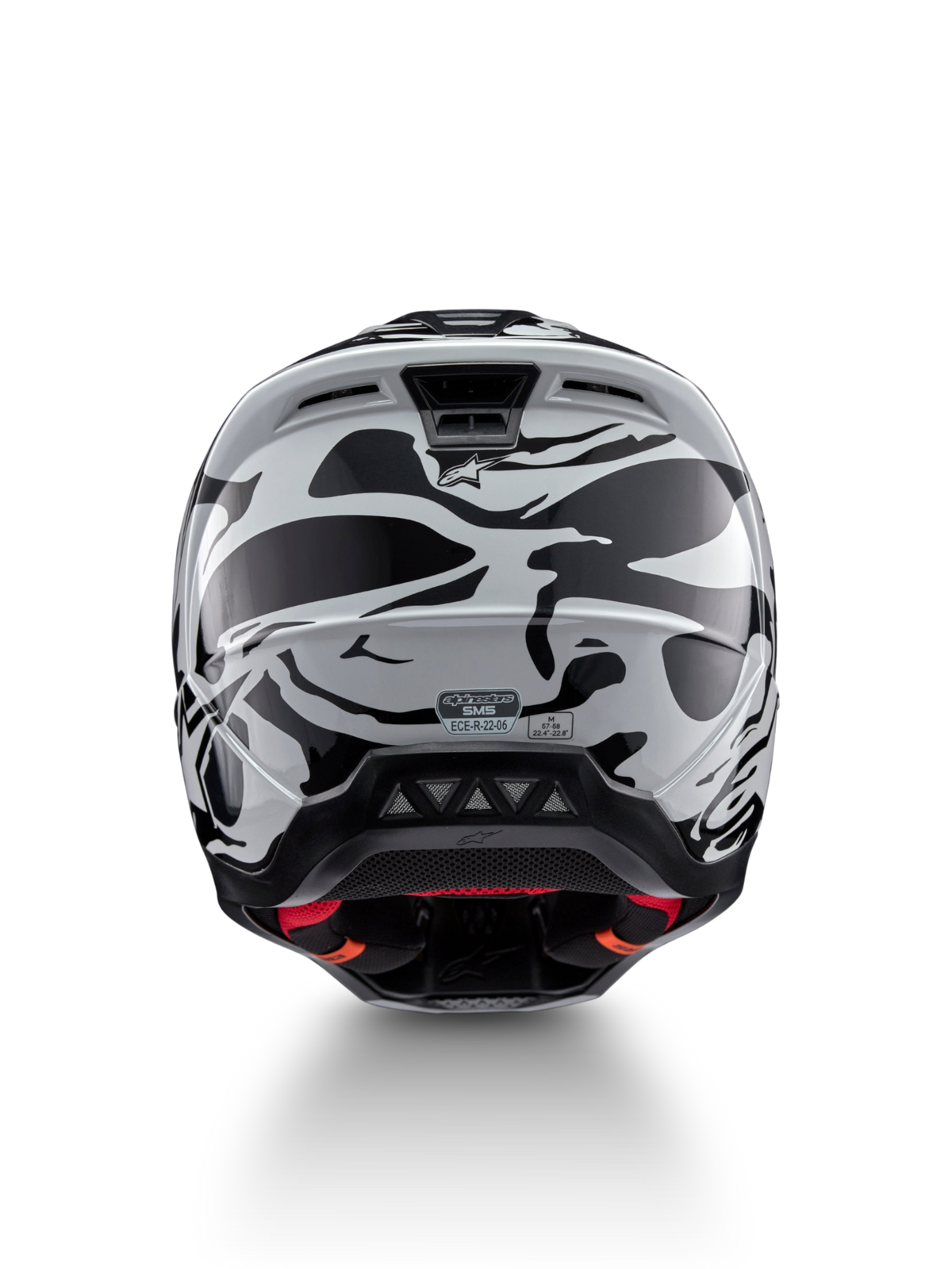 Alpinestars S-M5 Mineral motocrosshelm, koel grijs en donkergrijs, ECE 22.06-gecertificeerd, achteraanzicht met ventilatie.