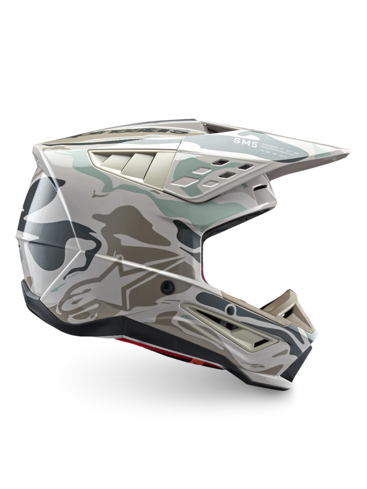 Alpinestars S-M5 Mineral helm, motocrosshelm in warm grijs en celadon groen, ECE 22.06-gecertificeerde off-road bescherming.
