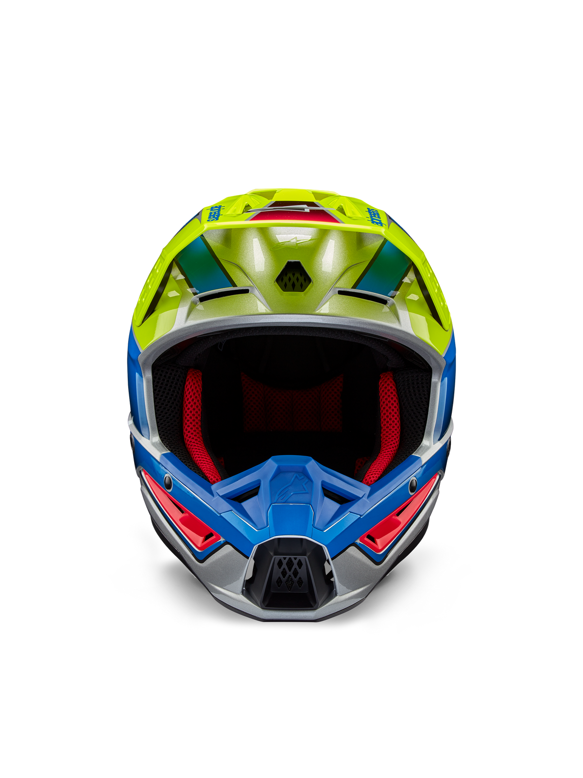 Alpinestars S-M5 Sail Helm ECE, motorcrosshelm, fluogeel en Enamel blauw met zilverglanzende afwerking, vooraanzicht met rode binnenvoering en aerodynamisch vizier, hoogwaardige hoofdbescherming voor off-road racen