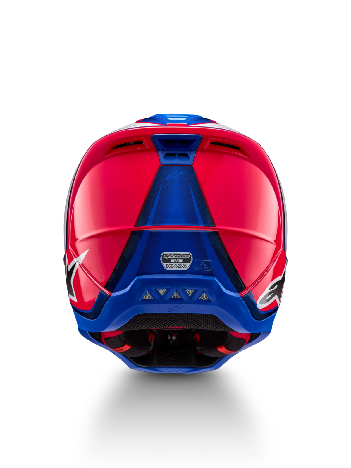 Alpinestars S-M5 Sail ECE 22.06 helm, motorcrosshelm, roze en blauw, achteraanzicht met ventilatieopeningen en ECE-certificering.