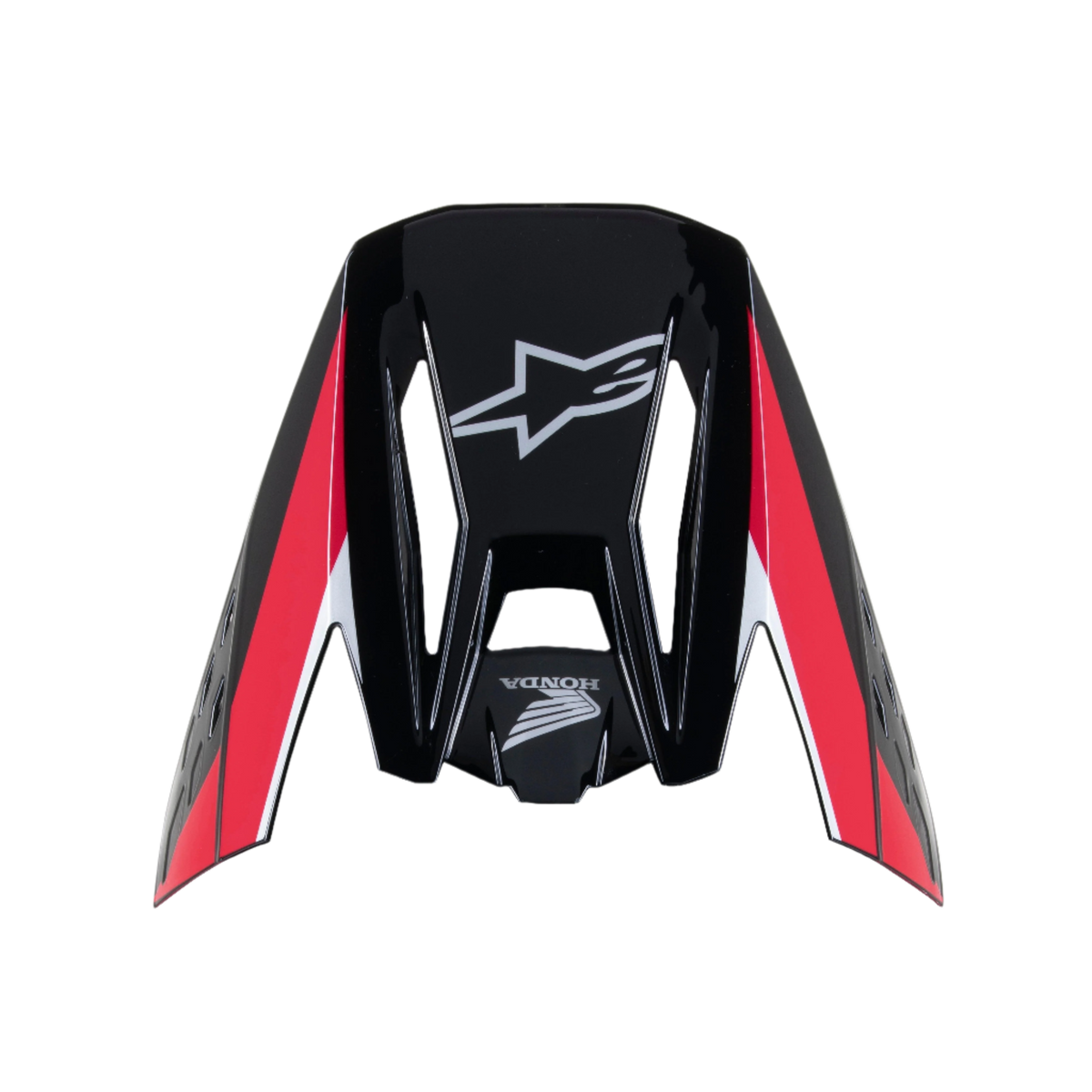 Alpinestars Honda S-M5 Visor, Black Red Glossy, motocross helmet replacement peak, featuring white Alpinestars and Honda logos, red and white graphic stripes, glossy finish for off-road riding