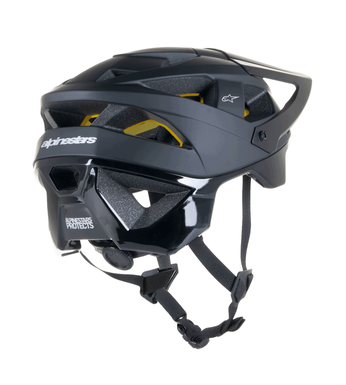 Alpinestars Vector Tech Solid Helm, MTB-helm, zwarte matte en glanzende afwerking, voorzien van Mips-bescherming, 19 ventilatieopeningen en uitgebreide nekdekking voor off-road trailbescherming.