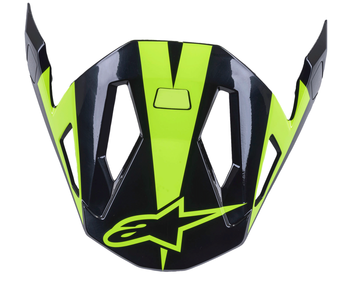 Alpinestars Missile vizier, MTB-helmaccessoire, zwart en neongeel glanzend, aerodynamisch ontwerp met uitsparingen voor luchtstroom, glanzende afwerking met neongeel sterlogo
