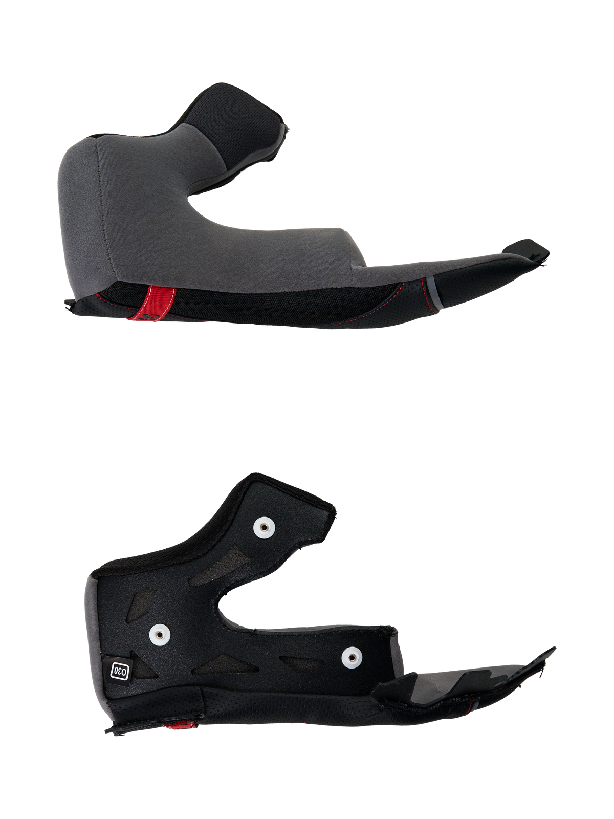 Alpinestars S-R7 wangkussenset, reserveonderdelen voor motorhelm, grijs en zwart, polyurethaan constructie met bevestigingsdrukknopen, gedetailleerd overzicht van helmaccessoire