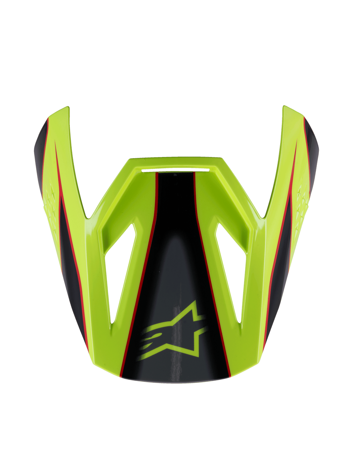 Alpinestars S-M3 Youth Fray vizier, motorcrosshelm vizier, fluorgeel en zwart met rode accenten, glanzende afwerking, hoekig ontwerp met het Alpinestars sterlogo, officieel vervangingsonderdeel voor jeugd racehelmen