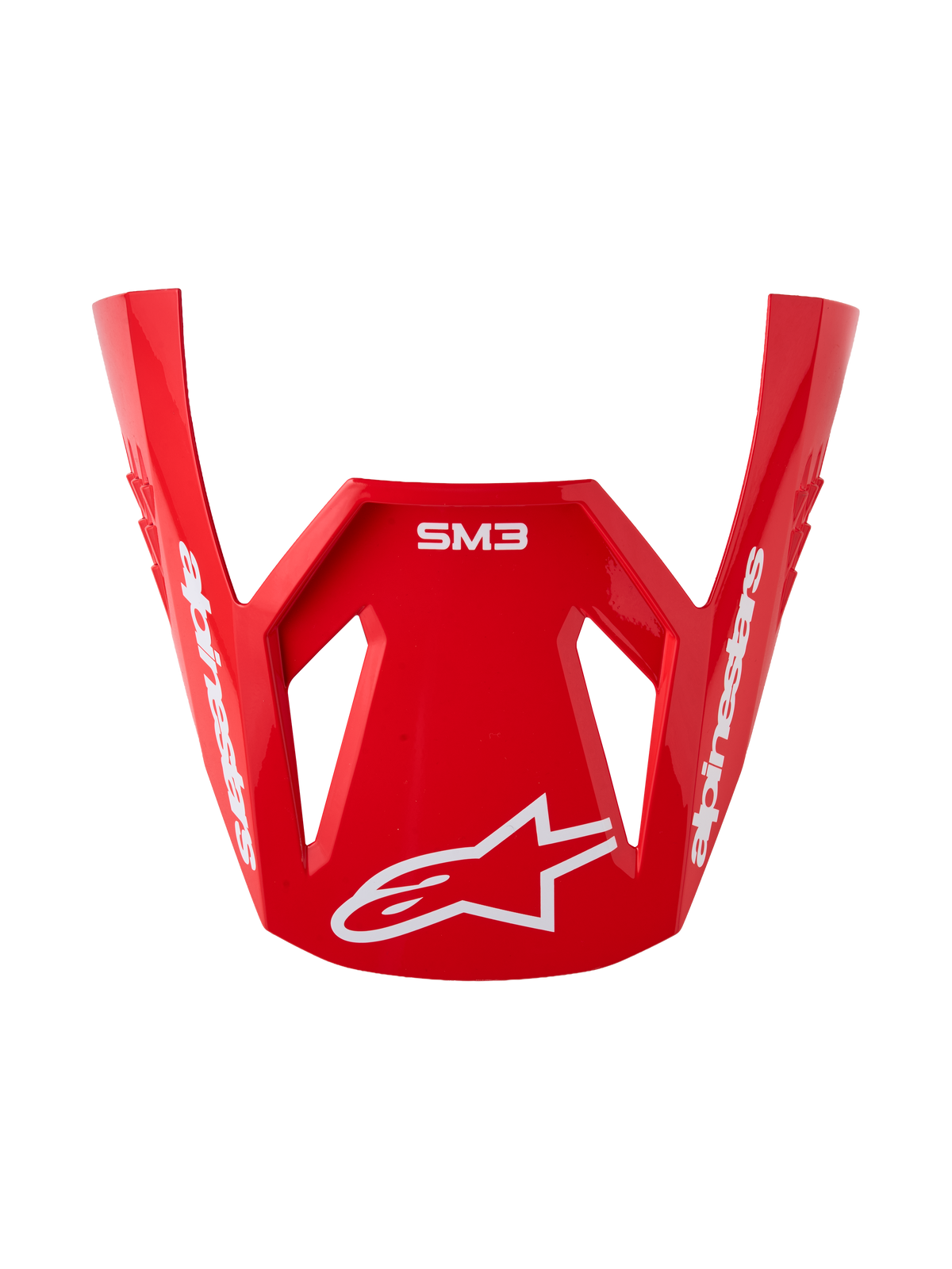 Alpinestars S-M3 Radium vizier, motocrosshelm reserveonderdeel, glanzend rood en wit, voorzien van wit logo en SM3-opdruk.