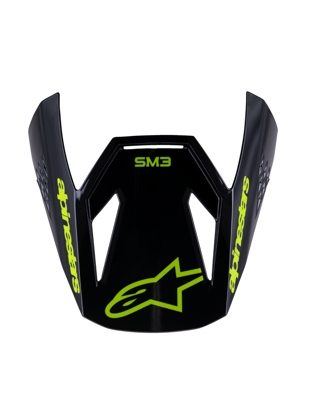 Alpinestars S-M3 Jeugd Radium Vizier, vervangende motorcross helmklep, zwart fluoriserend geel glanzend, met geel Alpinestars logo en sterlogo op de voorzijde, aerodynamisch ontwerp voor off-road jeugdhelmen