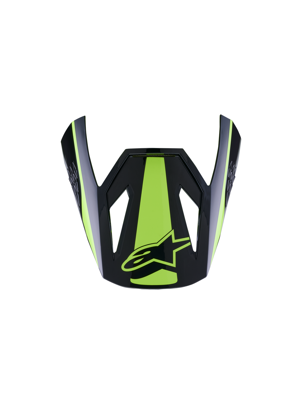 Alpinestars S-M3 Heat vizier ECE06, motorhelm vizier, fluogeel en glanzend zwart, met een opvallende fluorescerend gele centrale streep en zij-accenten, glanzend zwarte afwerking met geel sterlogo, aerodynamisch klepontwerp voor motorcrosshelmen