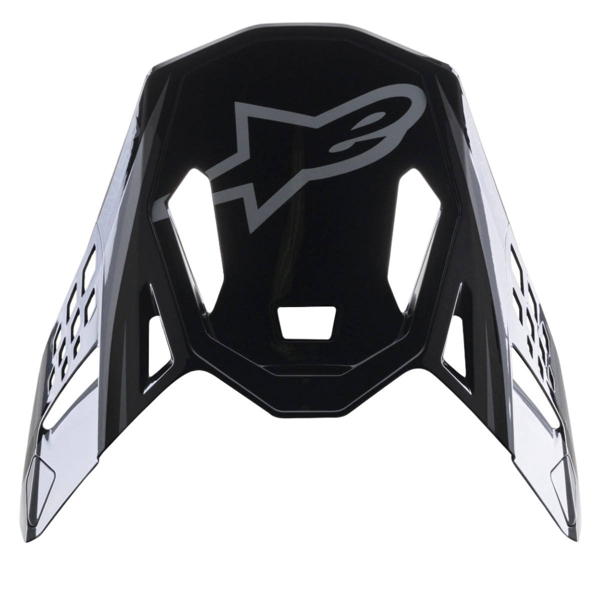 Alpinestars Supertech M10 Carbon Meta2 Visor, Black and Gray Glossy replacement peak, featuring a gray Alpinestars logo and aerodynamic ventilation cutouts, motocross helmet accessory