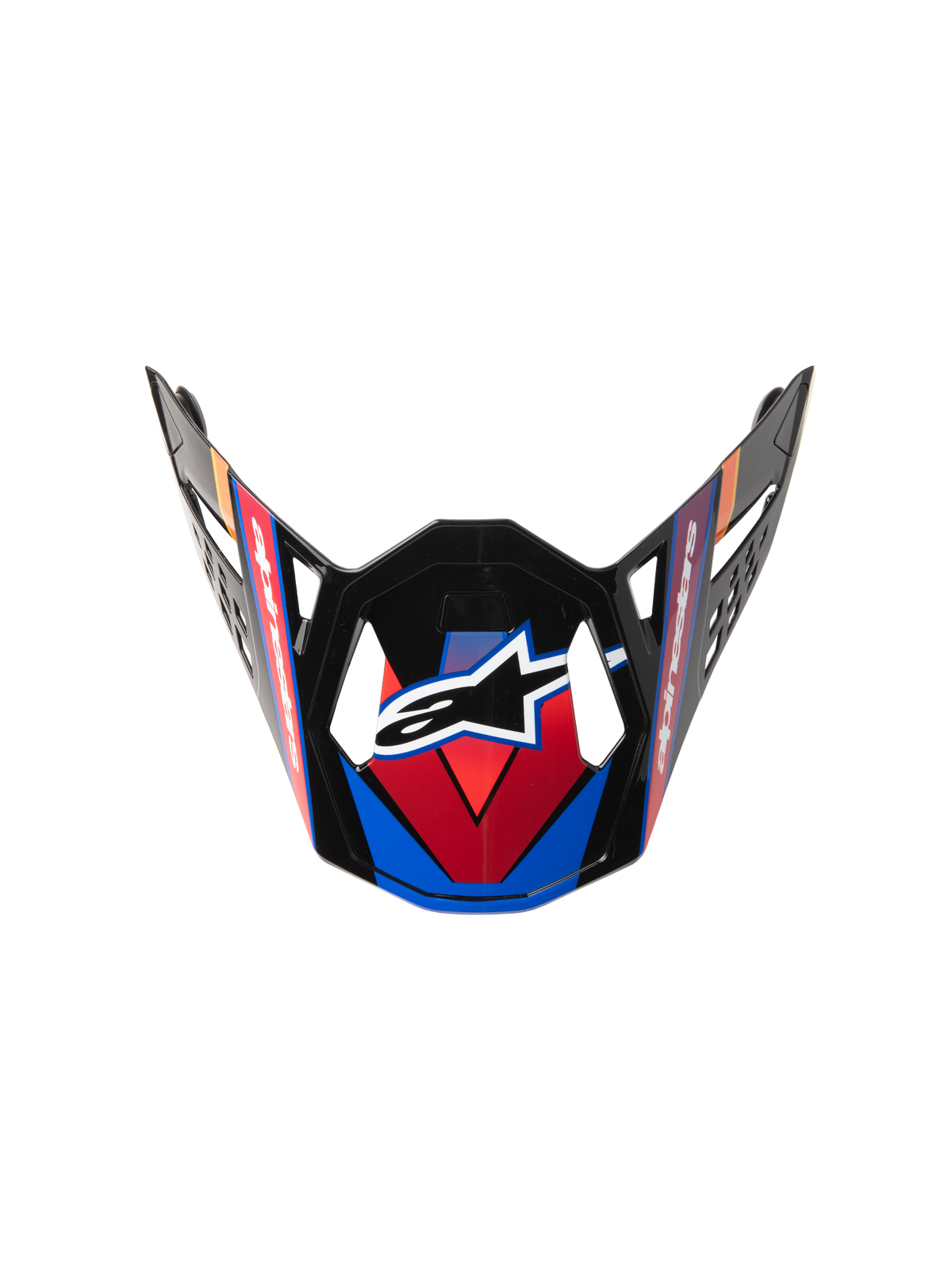 Alpinestars Supertech M10 Era klep, vervangend vizier voor motorcrosshelm, blauw, rood en fluorgeel, glanzend zwarte afwerking met hoekige graphics, wit ster-logo en aerodynamische ventilatieopeningen