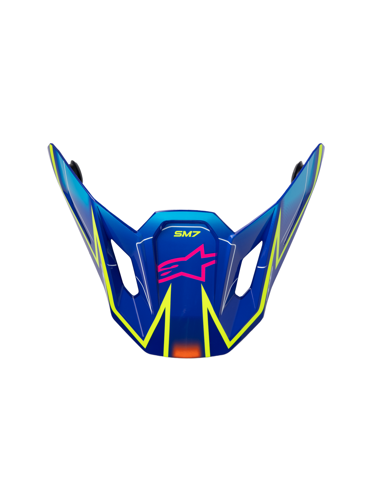 Alpinestars S-M7 Cast vizier, vervangende klep voor motorcrosshelm, glanzend blauw met roze en fluo gele accenten, voorzien van roze sterlogo en SM7-branding, aerodynamisch ontwerp met ventilatieopeningen aan de zijkant