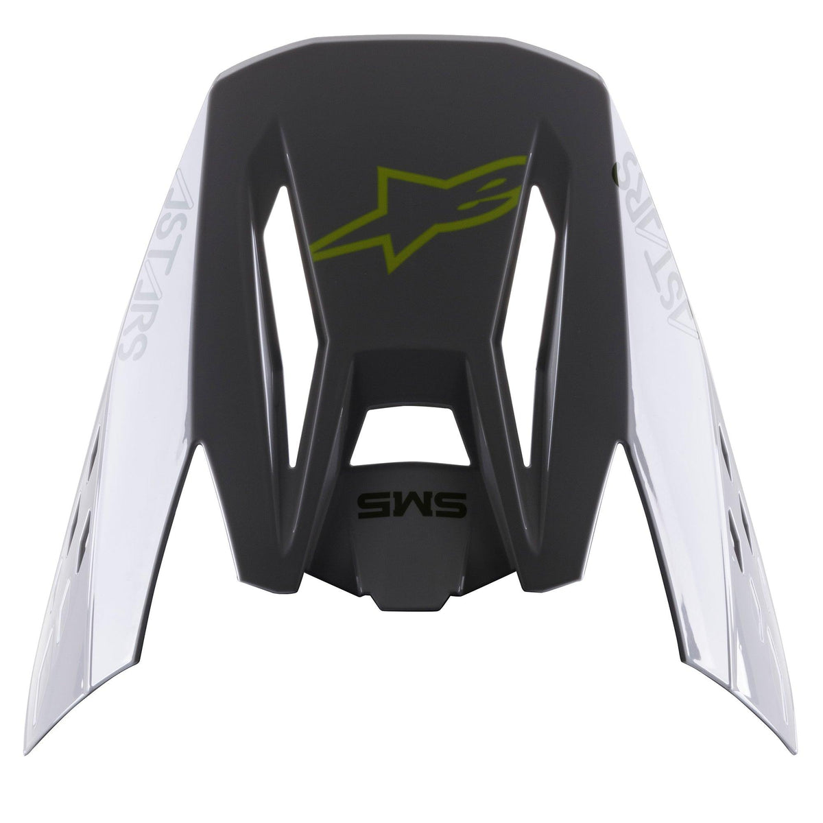 Alpinestars S-M5 Bond Vizier, vervangende helmklep, Silver Yellow Fluo Glossy, centraal geel fluo sterlogo, SM5-tekst, witte zijpanelen met ASTARS-branding, glanzende afwerking voor motorcross-bescherming