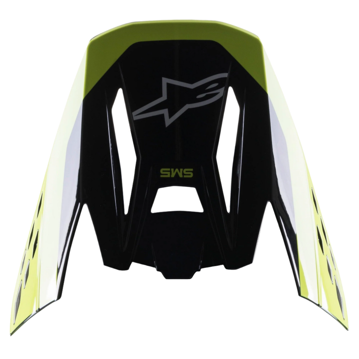 Alpinestars S-M5 Beam vizier, helmaccessoire, zwart en fluoriserend geel glanzend, voorzien van Alpinestars sterlogo en SM5-branding, vervangende klep voor motorcrosshelmen