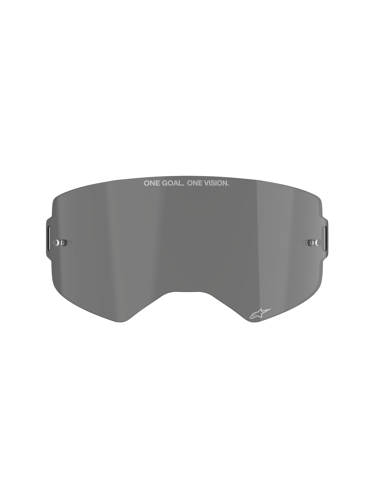 Alpinestars Supertech Smoke Lens, Dark Smoke vervangingslens voor motorcrossbrillen, gebogen spuitgegoten polycarbonaat lens met tear-off bevestigingspunten, voorzien van 'ONE GOAL. ONE VISION.' branding en Alpinestars sterlogo