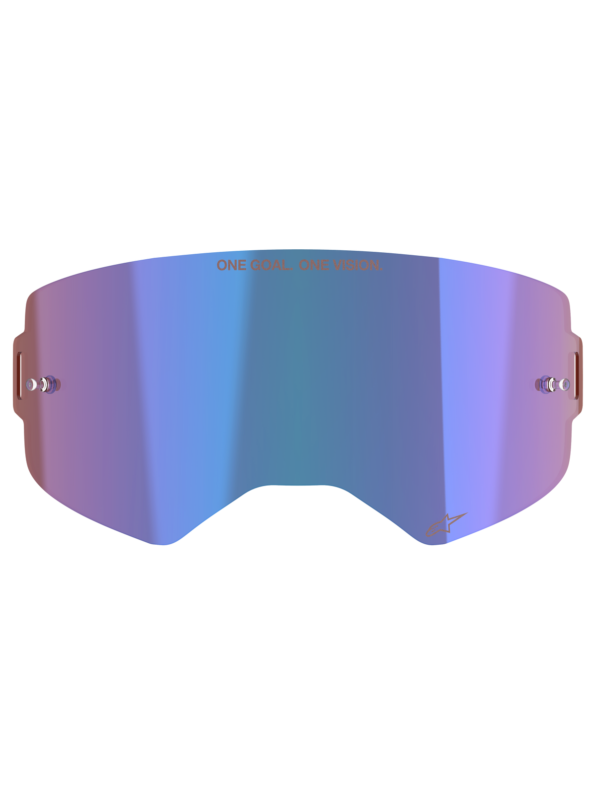 Alpinestars Supertech Mirror Lens, accessoire voor motorcrossbril, spiegelblauw met paarse tinten, voorzien van Absolute Vision™-technologie, geïntegreerde tear-off posts en 'ONE GOAL. ONE VISION.' slogan aan de bovenzijde.