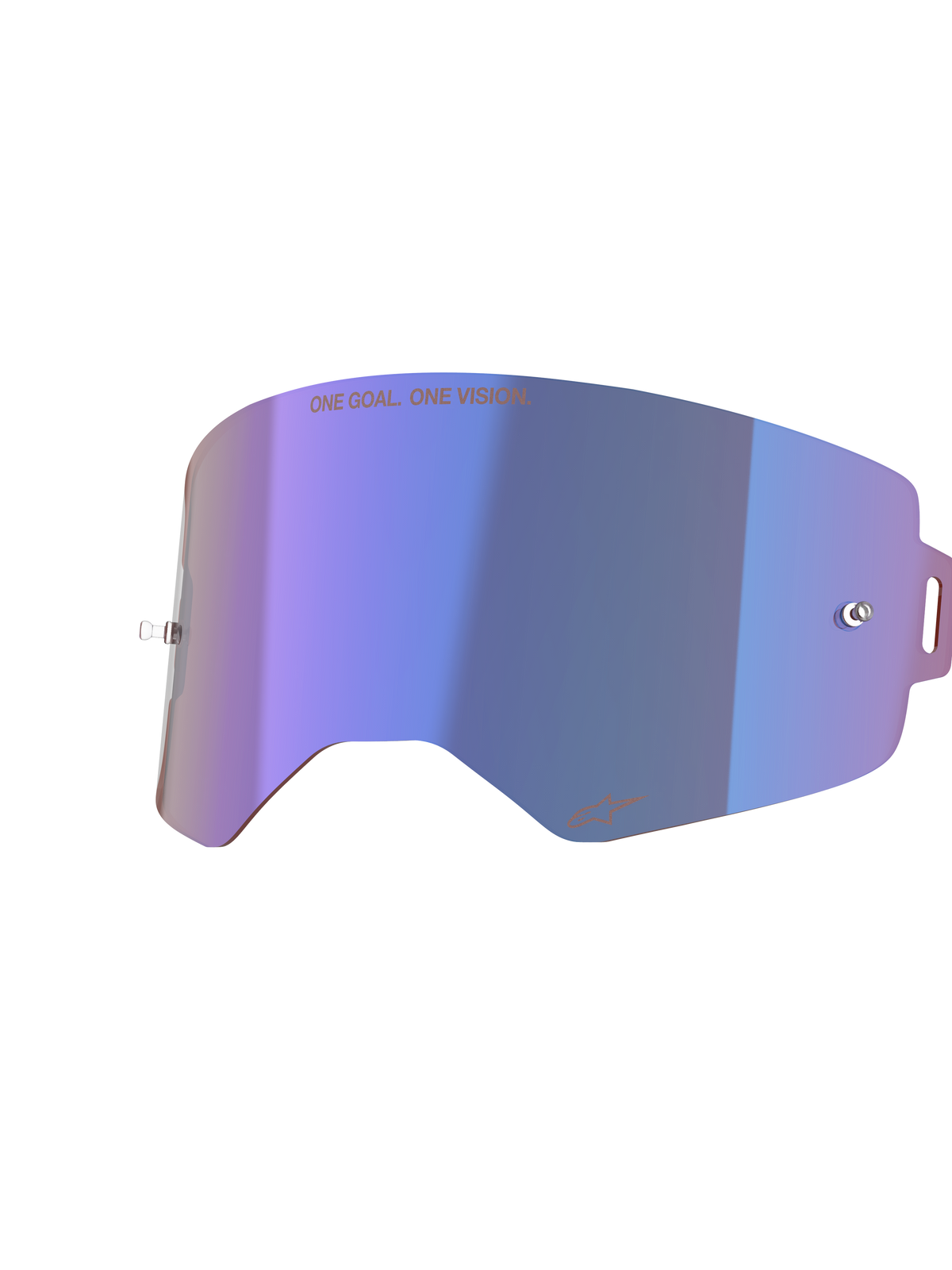 Alpinestars Supertech Mirror Lens, vervangingslens voor motorcrossbril, spiegelblauw met paarse iriserende afwerking, voorzien van geïntegreerde tear-off pinnen, "ONE GOAL. ONE VISION." tekst aan de bovenkant en Alpinestars-logo aan de onderkant, helder polycarbonaat voor off-road racen