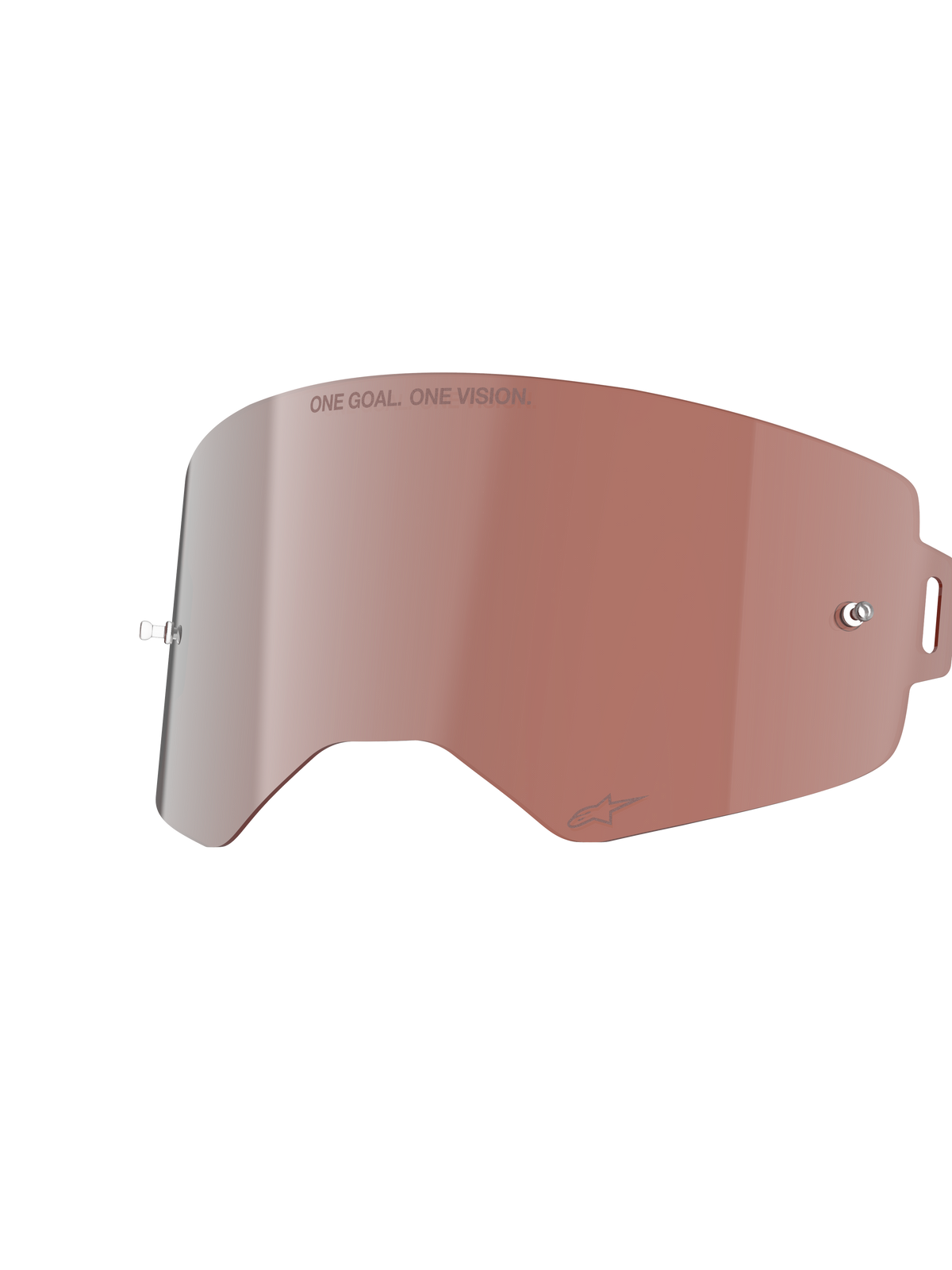 Alpinestars Supertech Mirror Lens, Goggle Replacement Lens, Mirror Silver with warm-colored tint, featuring 'ONE GOAL. ONE VISION.' text and tear-off posts, durable polycarbonate construction for motocross and off-road racing.