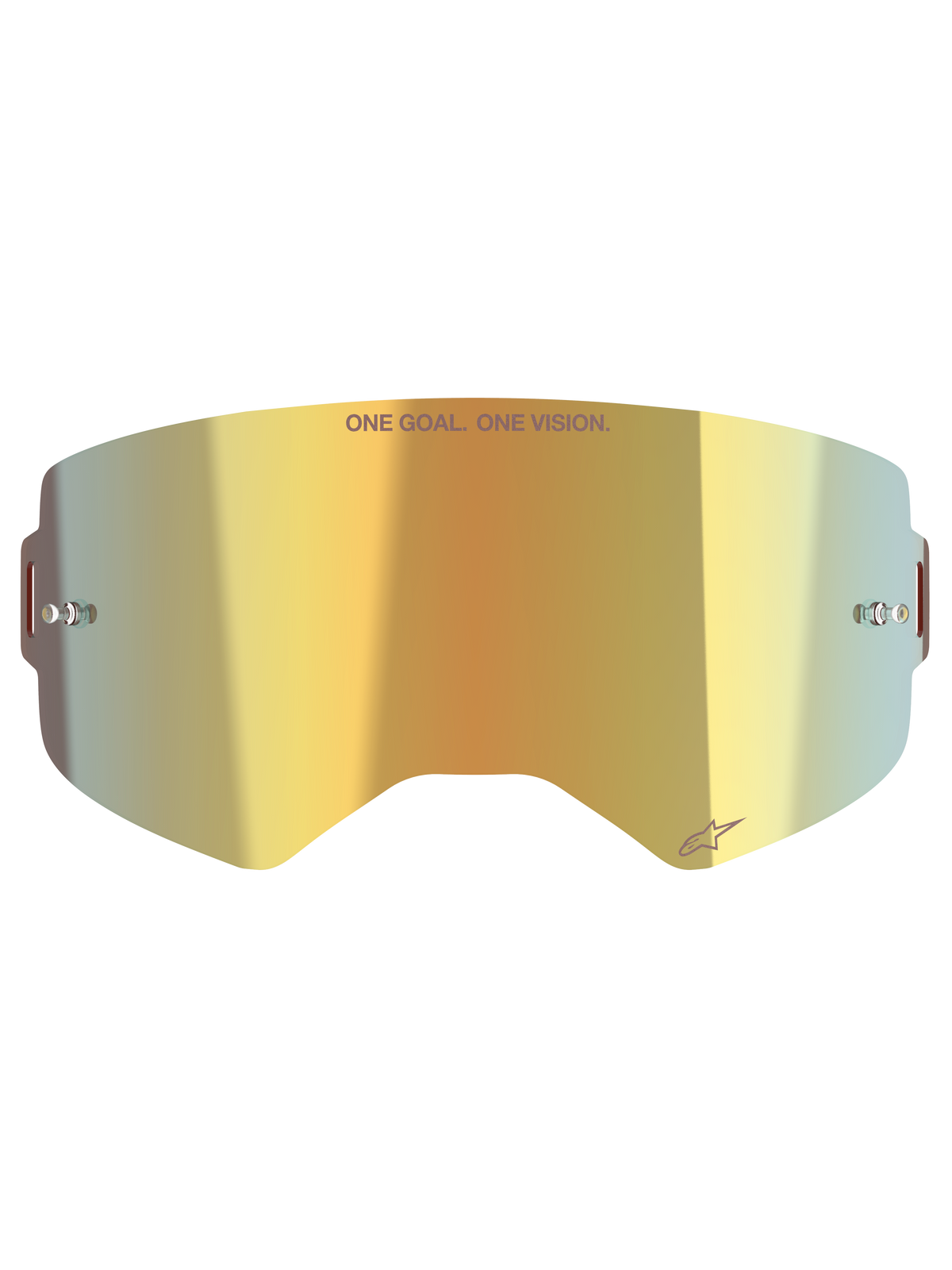 Alpinestars Supertech Spiegellens, vervangende lens voor crossbril, Mirror Gold afwerking, voorzien van 'ONE GOAL. ONE VISION.' tekst en Alpinestars-logo, inclusief tear-off pinnen aan de zijkant, duurzaam polycarbonaat voor off-road racing