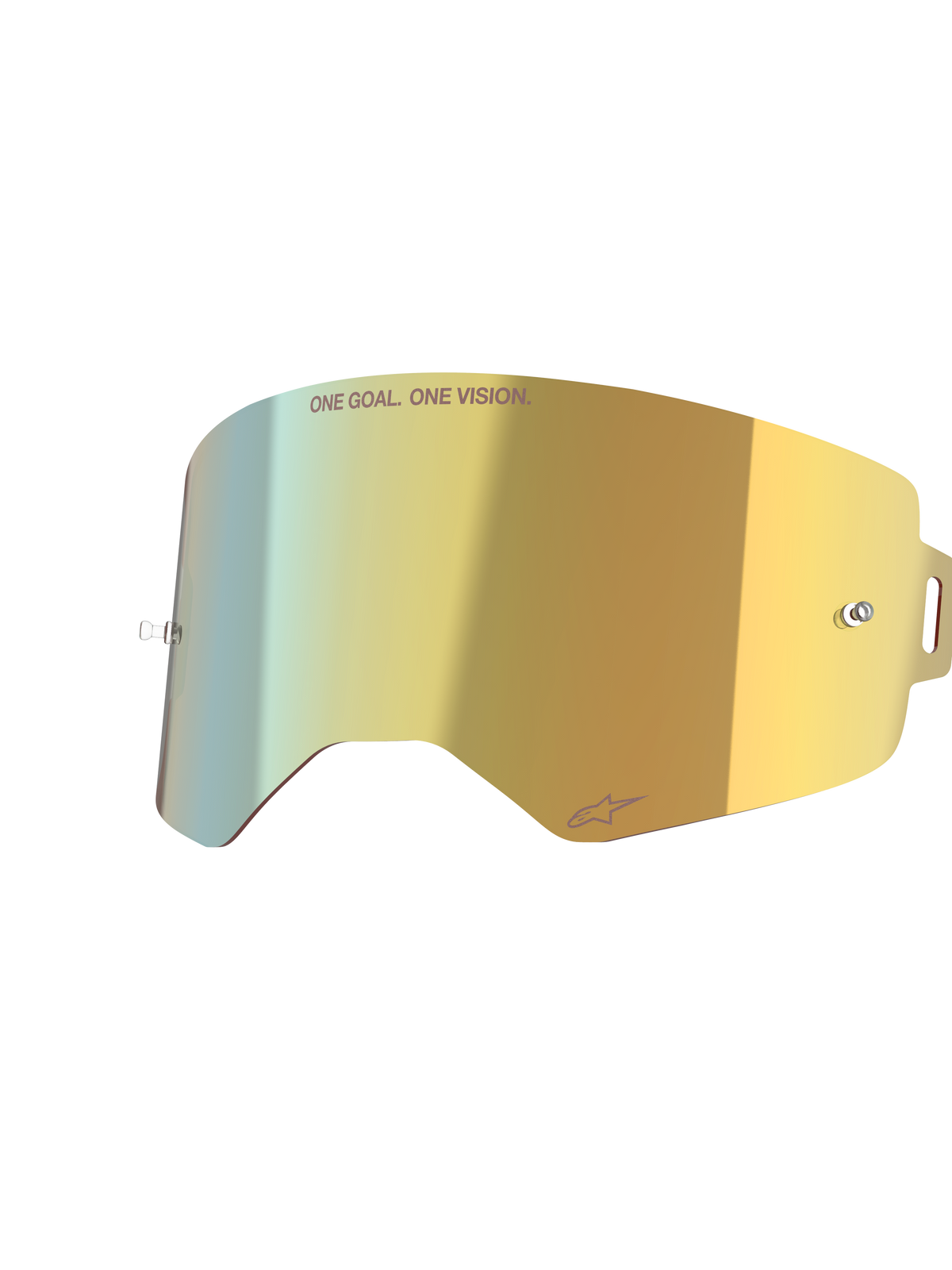 Alpinestars Supertech Spiegellens, Mirror Gold, reflecterende vervangende brillens met geïntegreerde tear-off posts en 'ONE GOAL. ONE VISION.' tekst, hoogwaardig motorcross accessoire.
