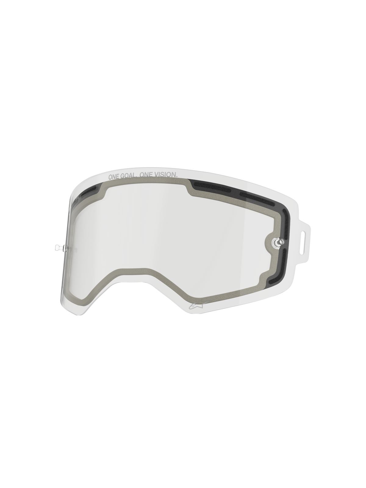 Alpinestars Supertech dubbelgelaagde lens, heldere vervangende lens voor crossbril, geventileerd dubbelwandig ontwerp met grijze schuimafdichting, voorzien van "ONE GOAL. ONE VISION." tekst, slagvast polycarbonaat voor motorcross prestaties