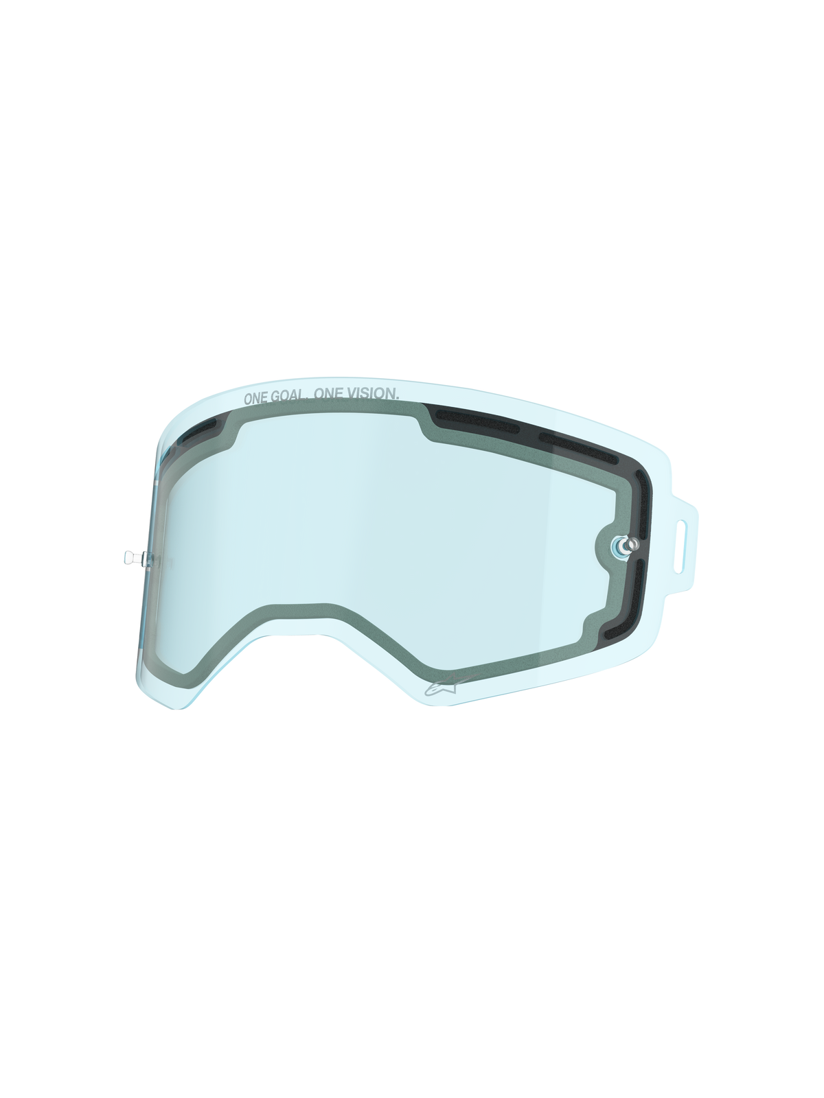 Alpinestars Supertech Lens, blauw getinte dubbele geventileerde goggle-lens, voorzien van 'ONE GOAL. ONE VISION.' tekst, slagvaste polycarbonaat vervangingslens voor motorcross en off-road bescherming