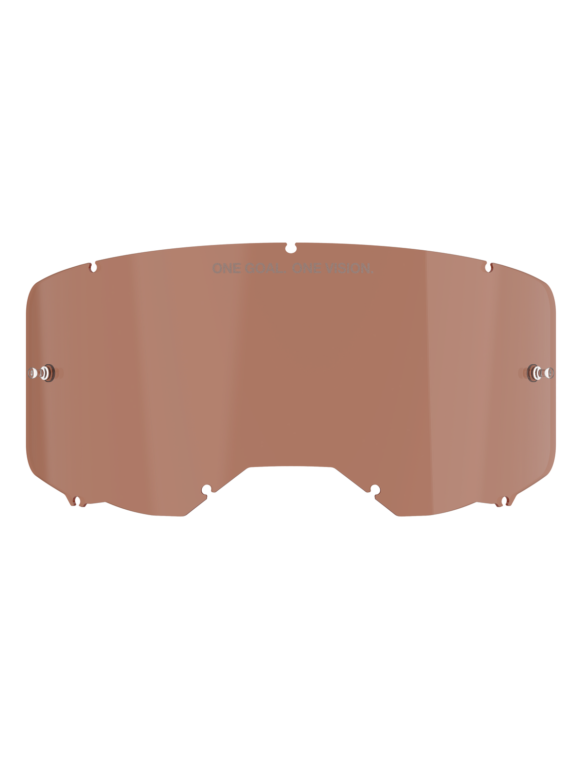 Alpinestars Vision 8-5-3 goggle lens, Copper Rose tint, vervangende motorcross brillens met "ONE GOAL. ONE VISION." tekst, gebogen polycarbonaat ontwerp met tear-off pinnen voor off-road racen