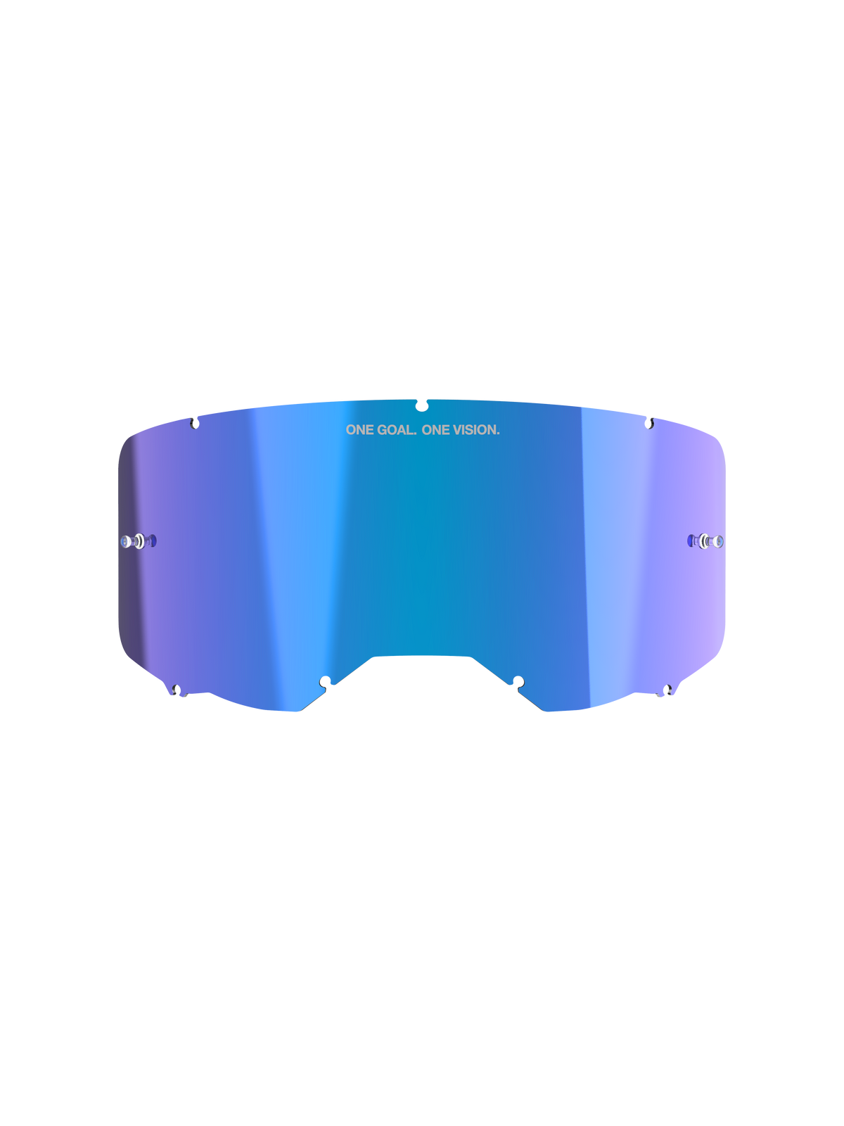 Alpinestars Vision 8-5-3 Spiegellens, accessoire voor motorcrossbrillen, spiegelblauw met paars kleurverloop, reflecterende spiegelende afwerking, voorzien van 'ONE GOAL. ONE VISION.' branding, gebogen polycarbonaat ontwerp met bevestigingsinkepingen en tear-off posts voor motorcrossbrillen