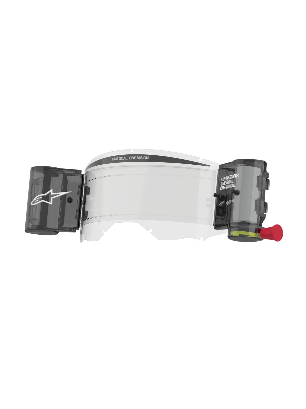 Alpinestars Vision 8-5-3 Roll Film Kit, transparante lens voor crossbril, geïntegreerd wide vision roll-off systeem met rookkleurige canisters, rode trekknop, voorzien van 'ONE GOAL. ONE VISION.' branding, essentieel motorcross accessoire voor helder zicht