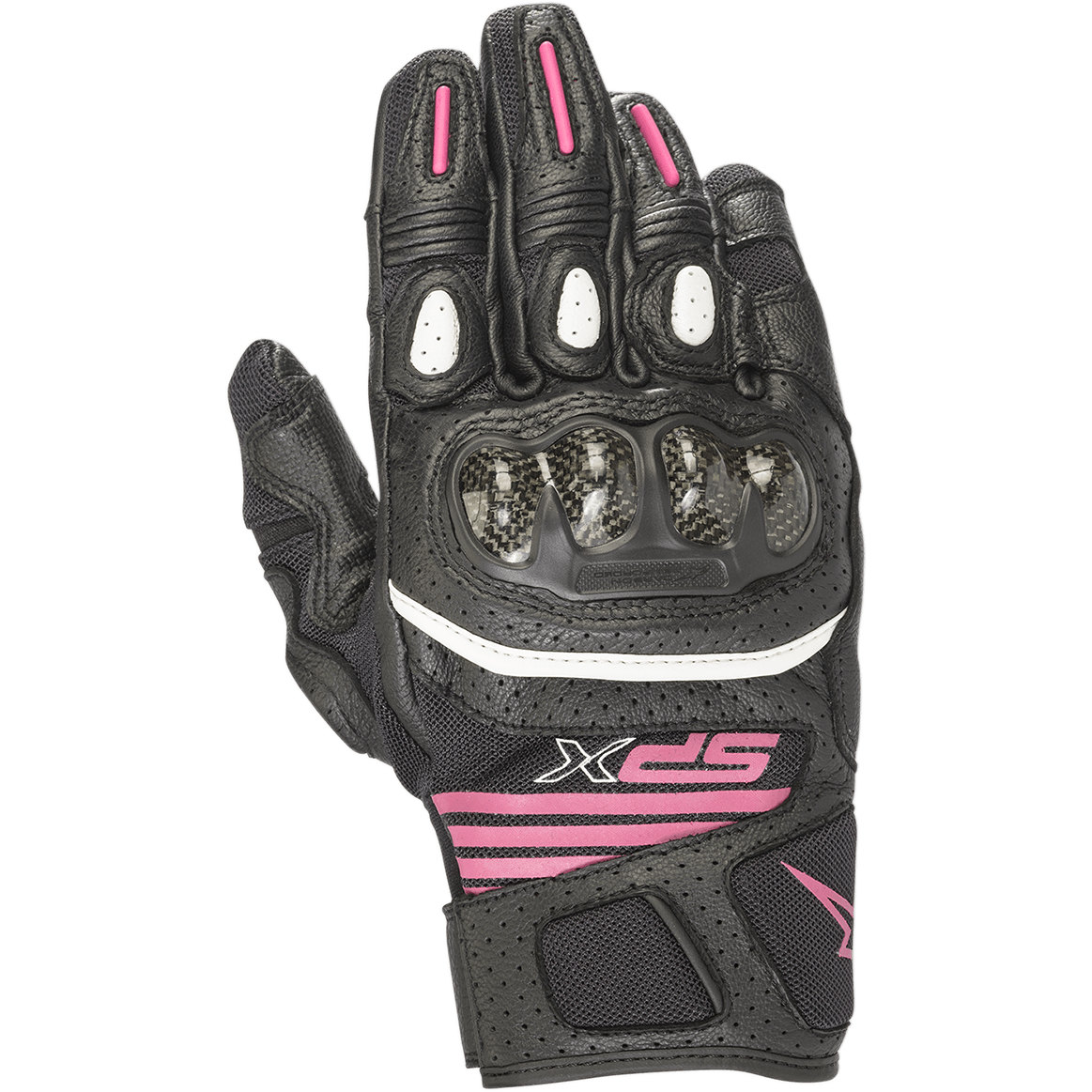 Alpinestars Women's SPX Air Carbon V2 Gloves, short-cuff motorcycle gloves in Black and Fuchsia, featuring a carbon fiber knuckle protector, perforated leather and mesh construction, white trim, and fuchsia branding on the wrist