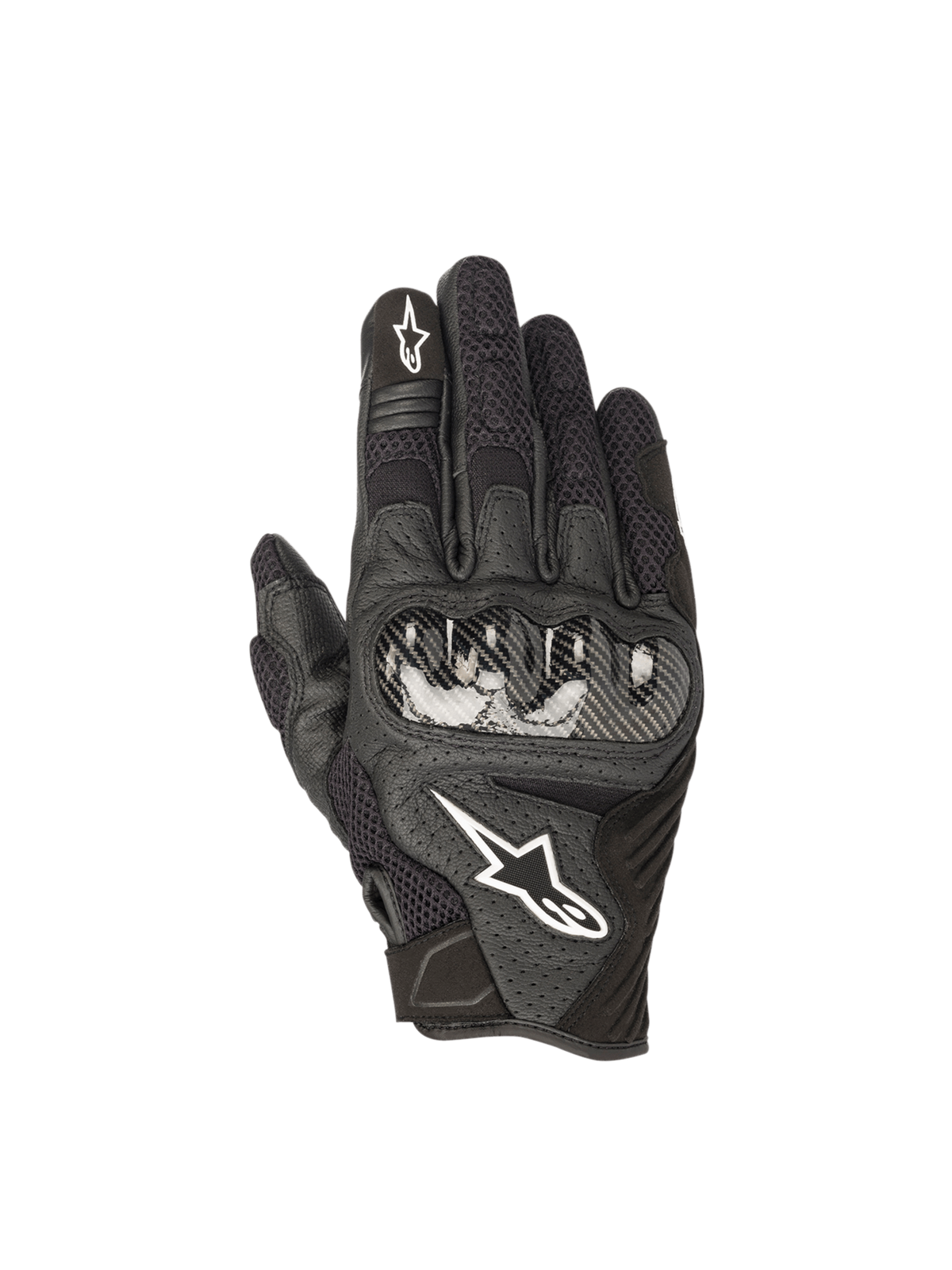 Alpinestars SMX-1 Air V2 Gloves, black leather and mesh motorcycle gloves for road riding with hard knuckle armor.