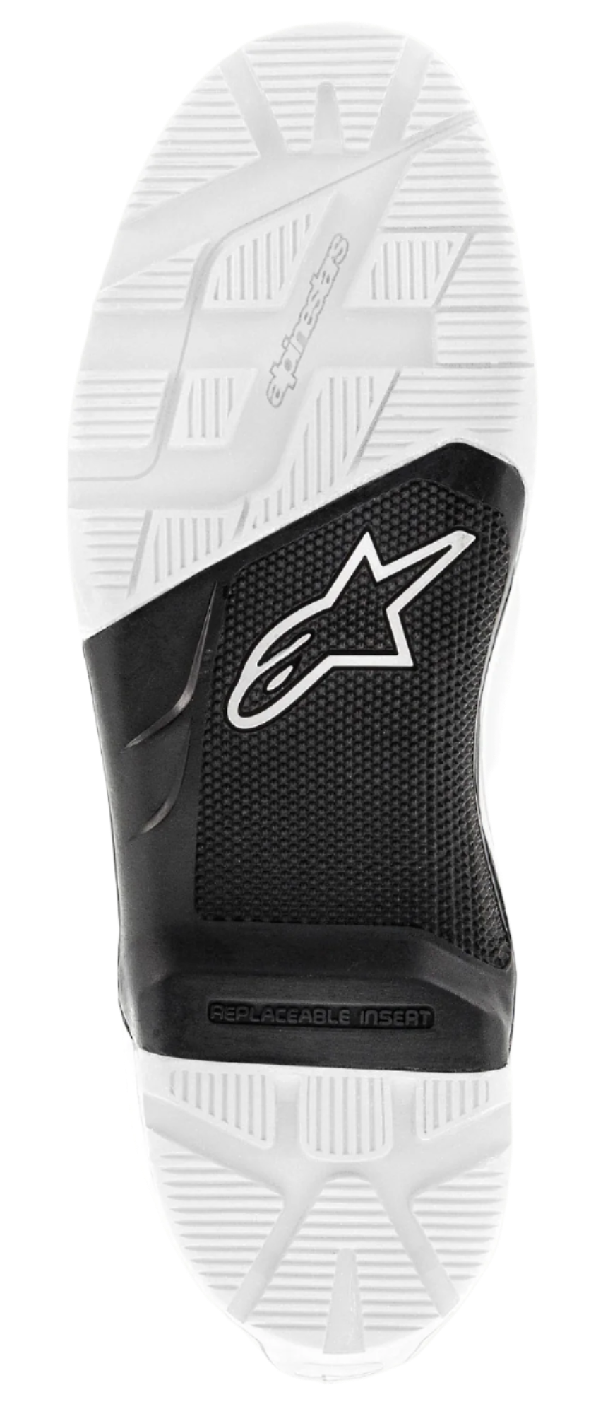 Alpinestars Tech 7 Enduro-zool, vervangende rubberen buitenzool, zwart en wit, onderaanzicht met getextureerd loopvlak en noppenprofiel, voorzien van wit Astars-logo op het zwarte middengedeelte en Alpinestars-merknaam in reliëf, reserveonderdeel voor off-road motorlaarzen