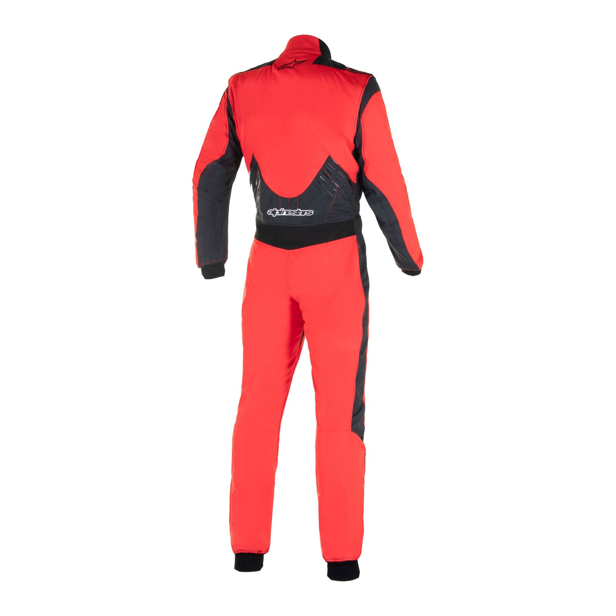 Alpinestars GP Pro Comp V2 Pak, FIA auto racepak, rood en zwart, achteraanzicht met stretchmesh panelen en siliconen gripdetails op de onderrug