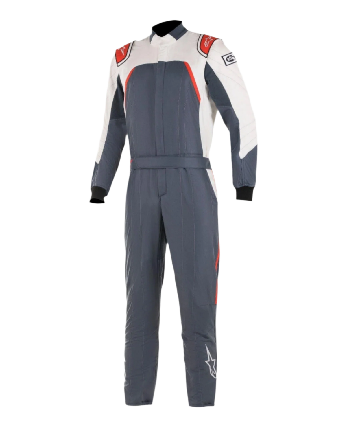 Alpinestars GP Pro Comp Bootcut Suit FIA, autoracepak, asfalt, wit en rood, eendelig motorsportpak met witte bovenborst en mouwen, rode schouderaccenten, donkergrijs asfalt lijf en bootcut-pijpen.