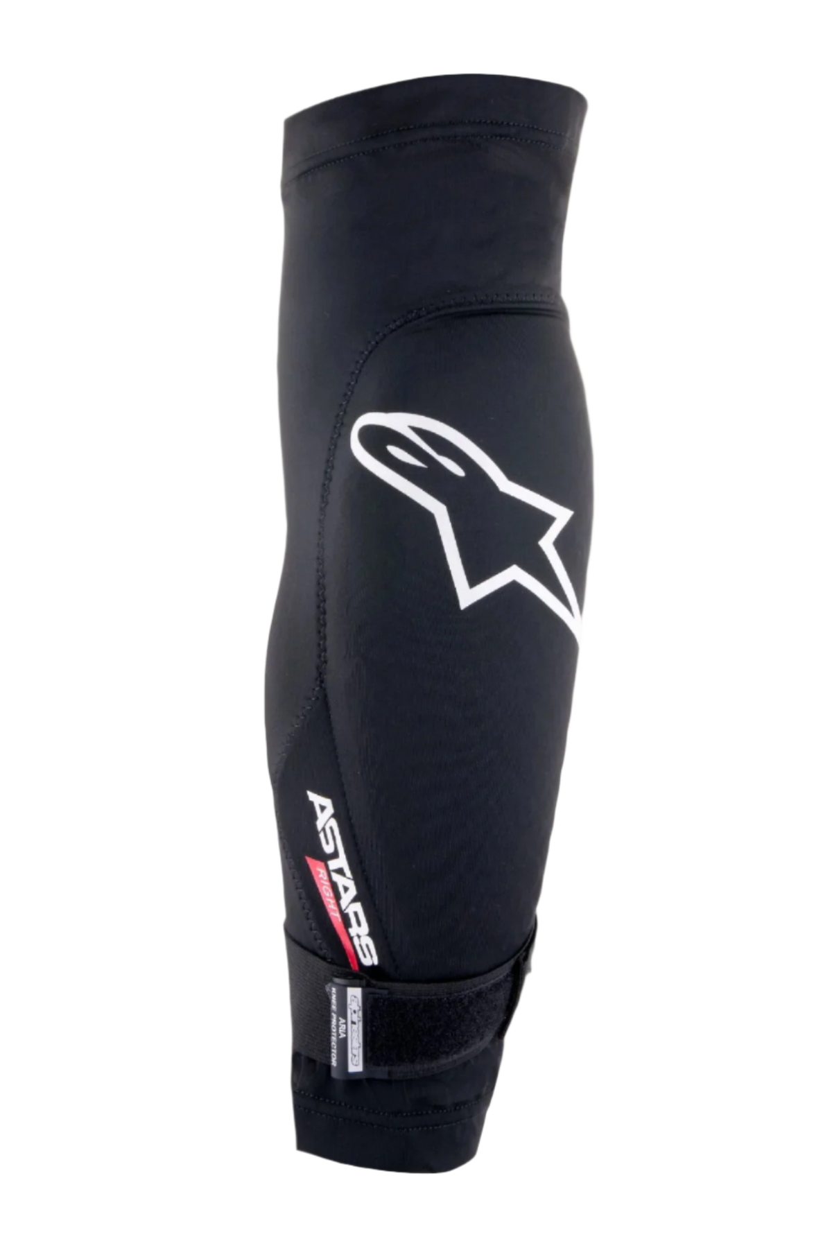 Alpinestars Aria kniebeschermer, zwart en wit, ademende mesh sleeve met een groot wit Astars-logo, 'ASTARS RIGHT'-tekst en een verstelbare onderband, lichtgewicht bescherming voor mountainbiken en wielrennen