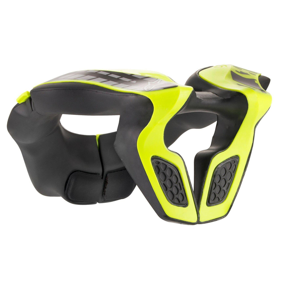 Alpinestars Youth Neck Support, motocross nekbeschermer, zwart en fluoriserend geel, voorzien van een felgeel geïnjecteerd polymeer frame met zwarte EVA-schuimvulling, ergonomisch gebogen ontwerp voor jonge rijders, off-road en motocross veiligheidsuitrusting