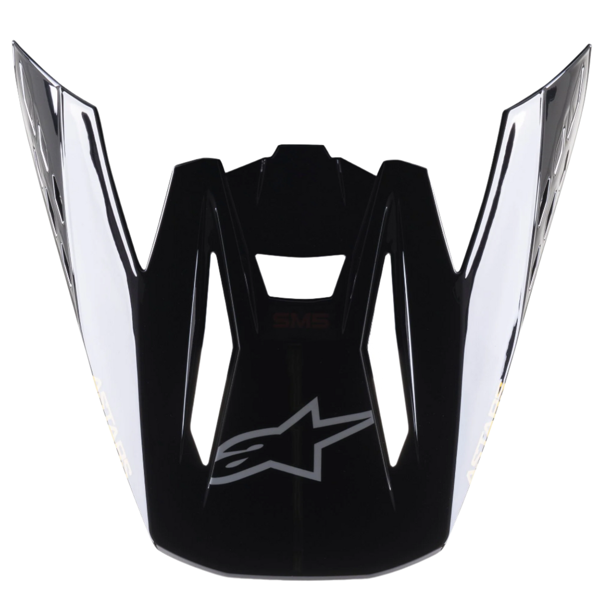Alpinestars S-M5 Venture helmvizier, motorcross helmaccessoire, glanzend zwart, vervangende klep met een zilverkleurig Alpinestars logo op de voorzijde en witte merknaam op de zijkanten, duurzaam kunststof met een glanzende afwerking voor off-road racen