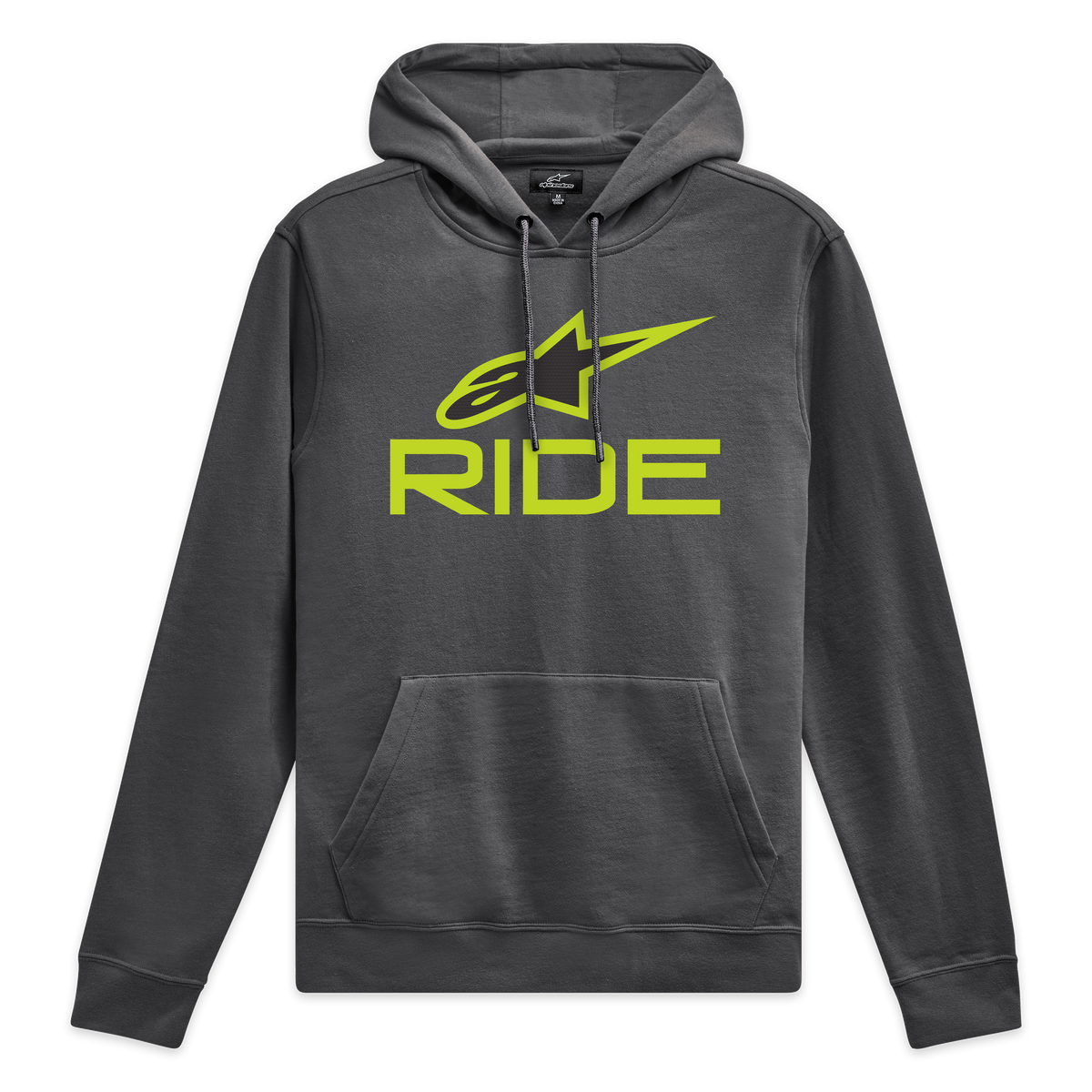 Alpinestars Ride Hoodie V 3, grijze pullover hoodie met limoengroen Ride-logo op de voorzijde en bijpassende trekkoorden, sportswear fleece