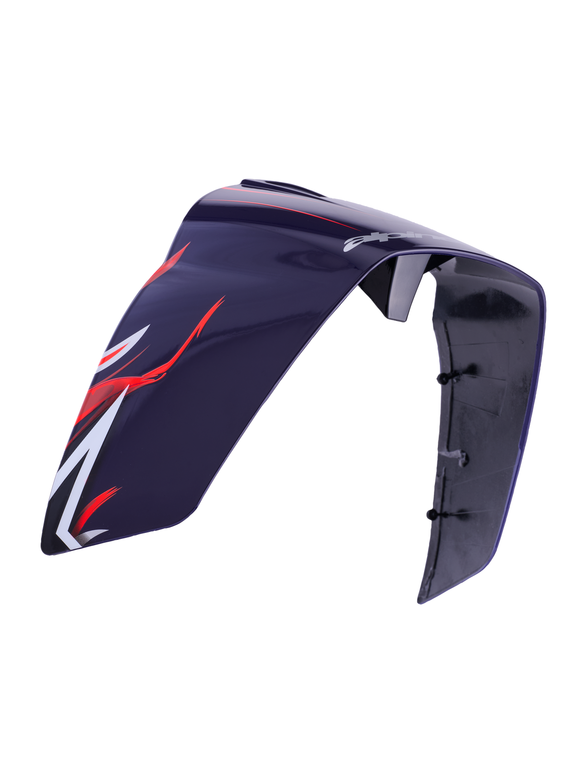 Alpinestars Supertech R10 Flyte Race Spoiler, helmaccessoire, glanzend paars rood, voorzien van rode en witte aerodynamische graphics en Alpinestars-branding, strakke glanzende kunststof constructie met zichtbare montagepunten aan de binnenzijde, vervangingsonderdeel voor racehelmen.