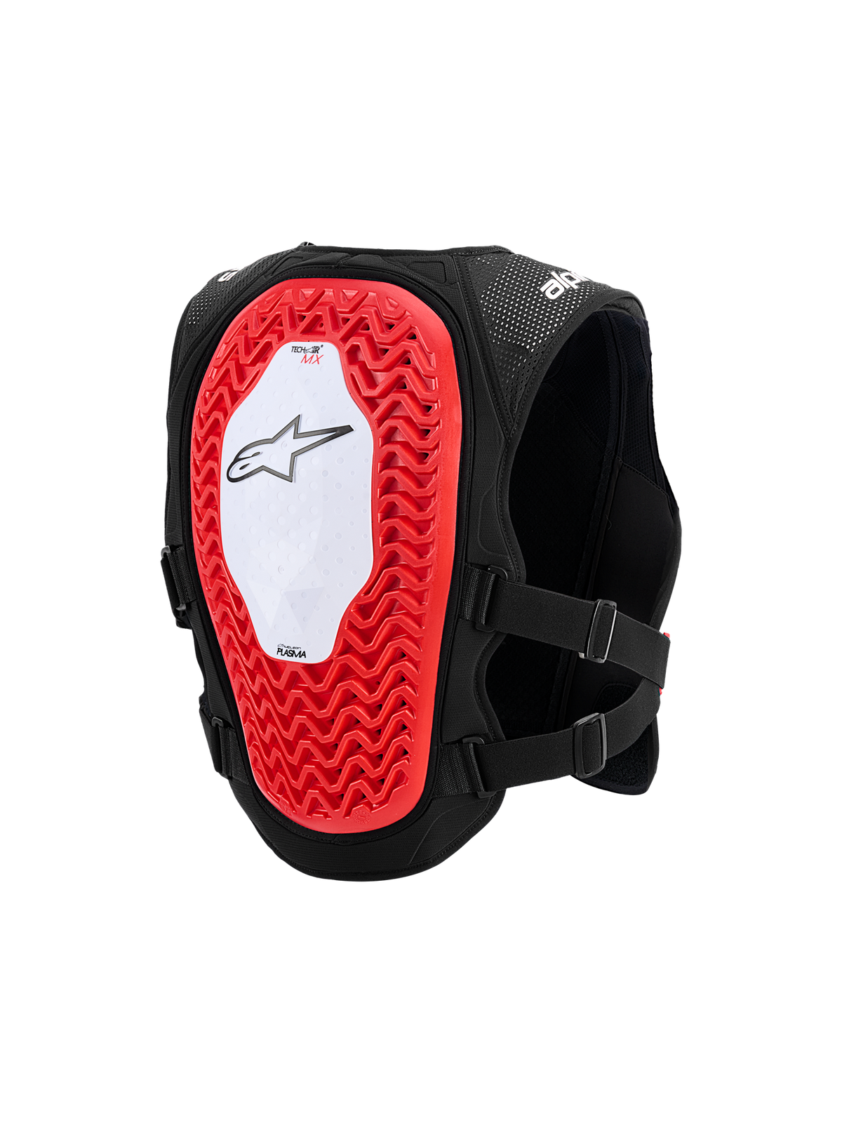 Alpinestars Tech-Air® MX Systeem, autonoom off-road airbagvest, achteraanzicht met een grote rode Nucleon PLASMA rugprotector met een honingraatstructuur, wit centraal paneel met zwart sterlogo, ademend zwart mesh chassis en verstelbare zijriemen