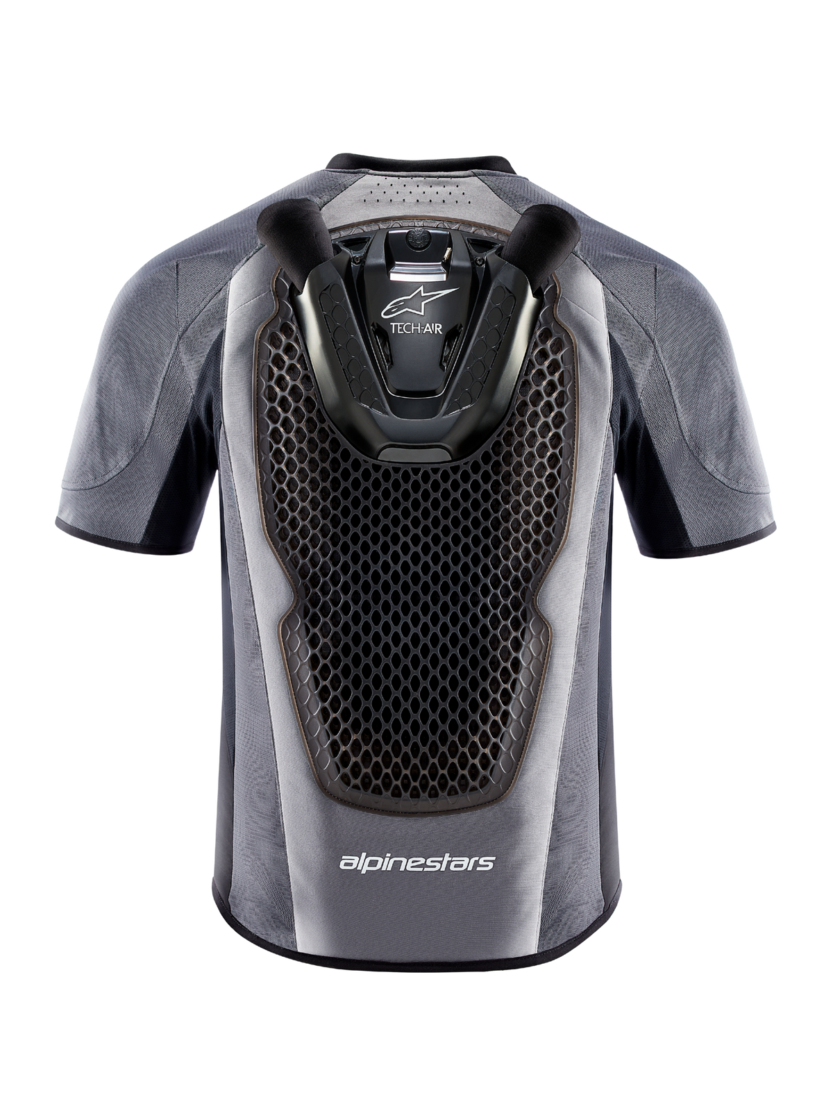 Tech-Air 5 Systeem motorairbagvest, achteraanzicht in grijs en zwart met geïntegreerde honingraat rugbeschermer.
