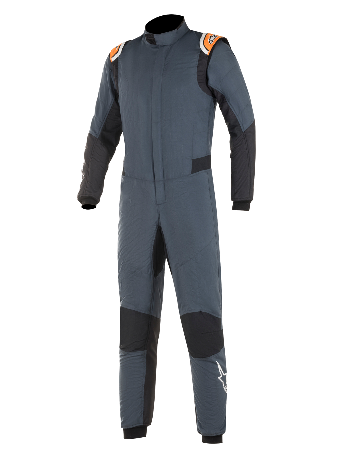 Alpinestars Hypertech Suit, autoracepak, asfaltgrijs en zwart met fluororanje accenten, voorzien van zwarte stretchpanelen, oranje schouderstukken met branding en wit sterlogo op het been, professionele tweelaagse brandwerende constructie voor autosportprestaties