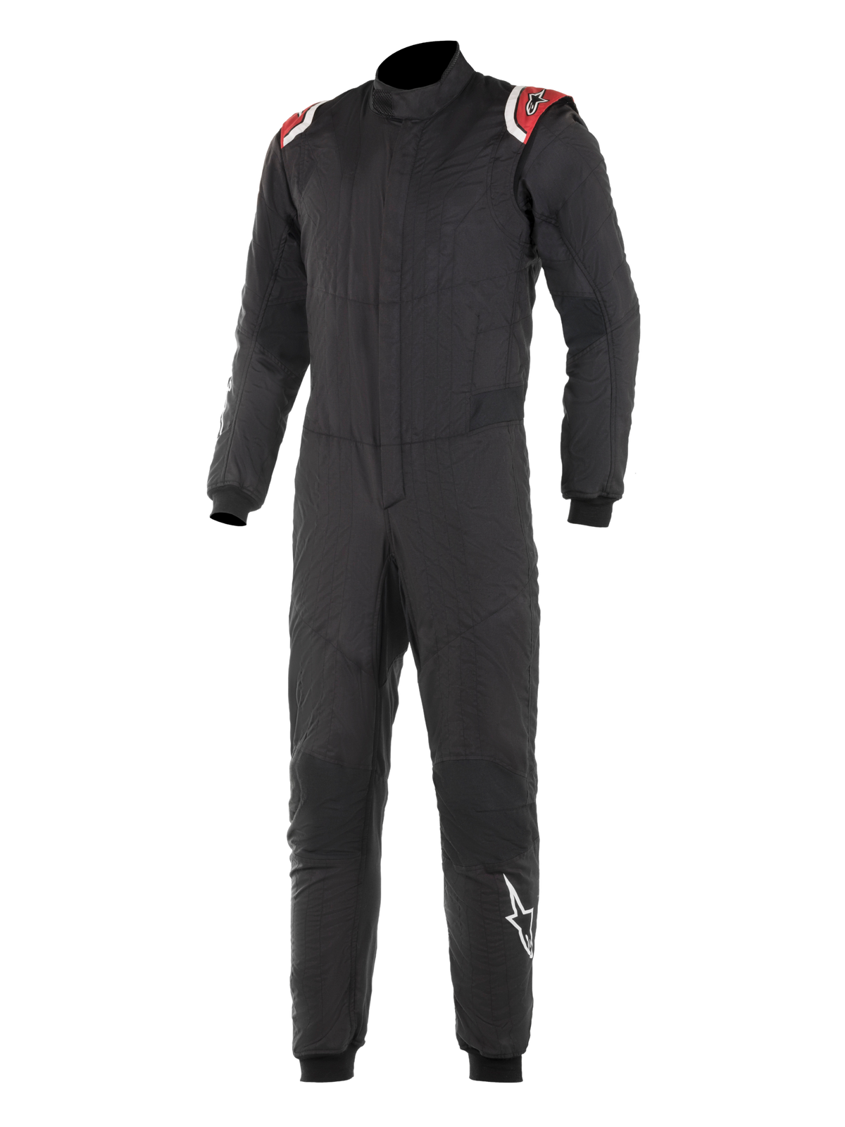 Alpinestars Hypertech Suit, professioneel autoracepak, zwart met rode en witte schouderaccenten, gewatteerde tweelaagse constructie, hoge kraag, aansluitend ontwerp met geribbelde pols- en enkelmanchetten, FIA-gecertificeerde motorsportbescherming