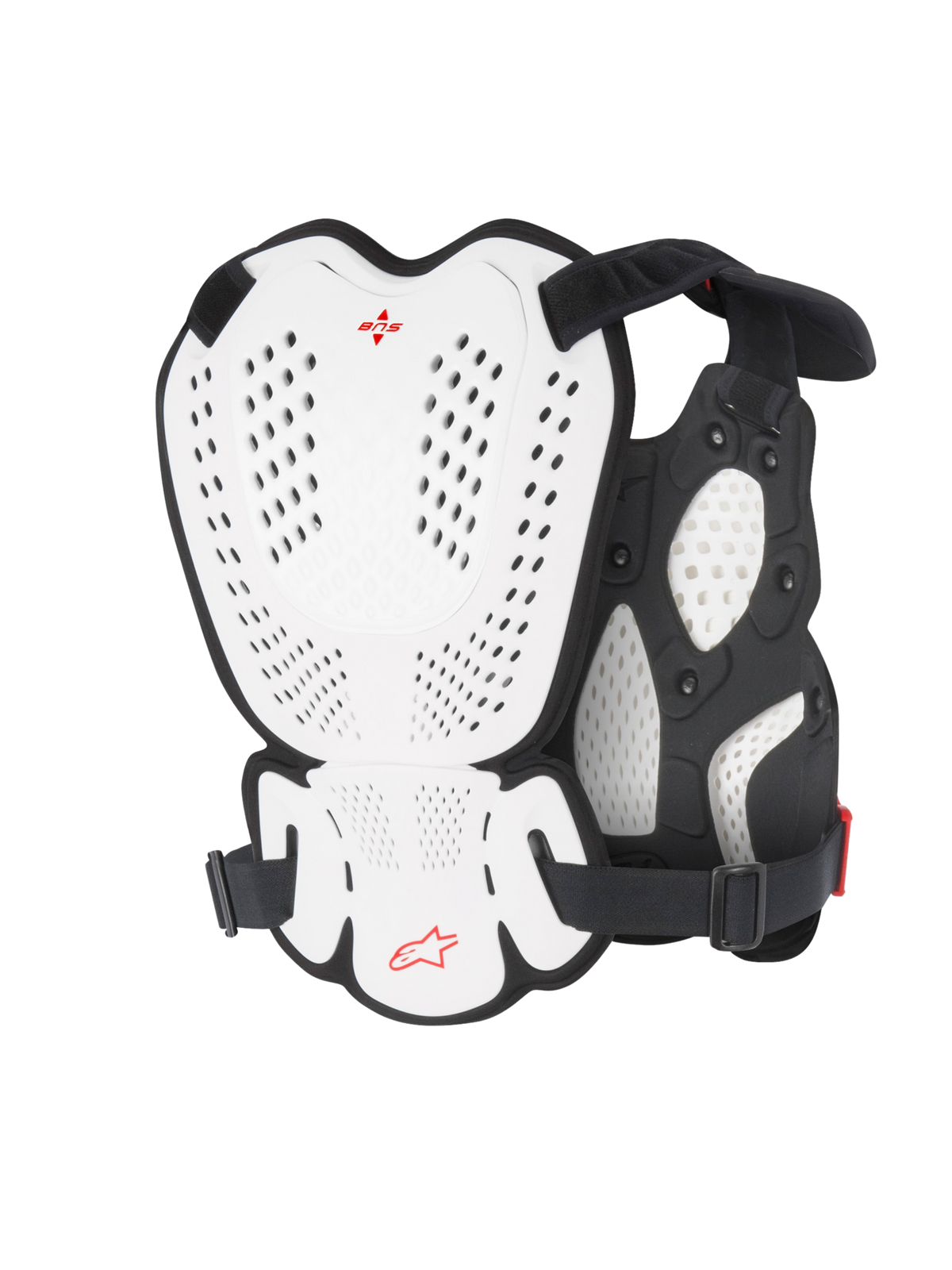 Alpinestars A-1 Roost Guard, motorcross borst- en rugbeschermer, wit en zwart met rood Alpinestars-logo, geperforeerde harde schaalplaten, bio-schuimvulling, achteraanzicht met beschermende dekking voor motorcross en off-road rijden